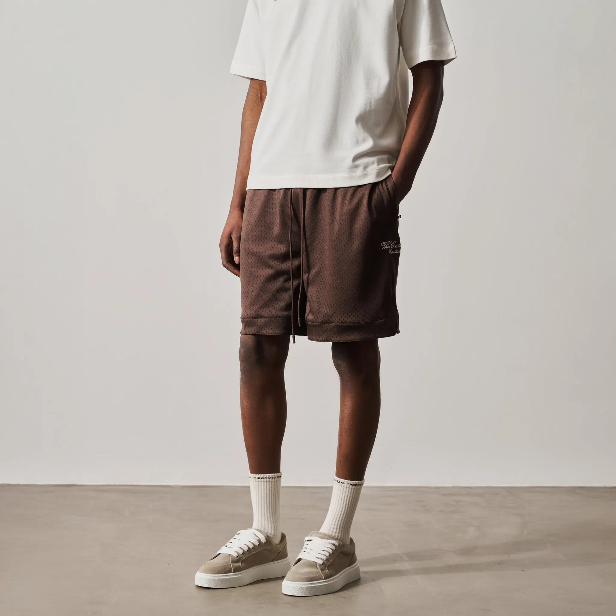Front Side View of The Couture Club Airtex Brown Shorts