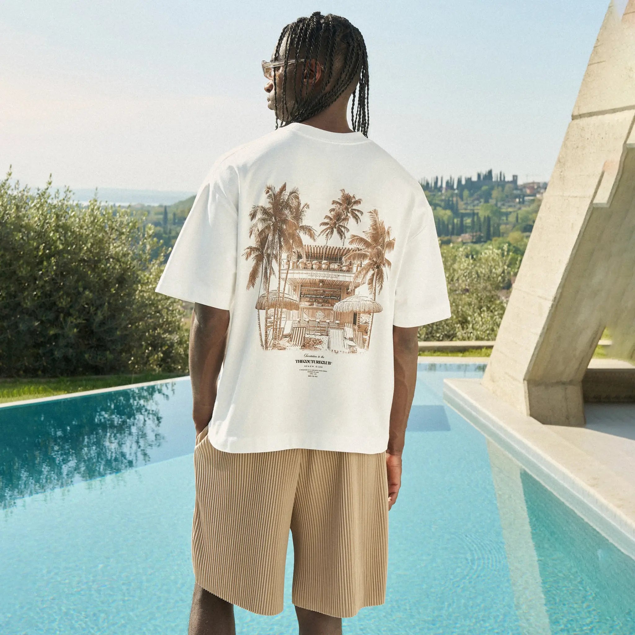 Detailed Back View of The Couture Club Beach Club Graphic Off White T-Shirt