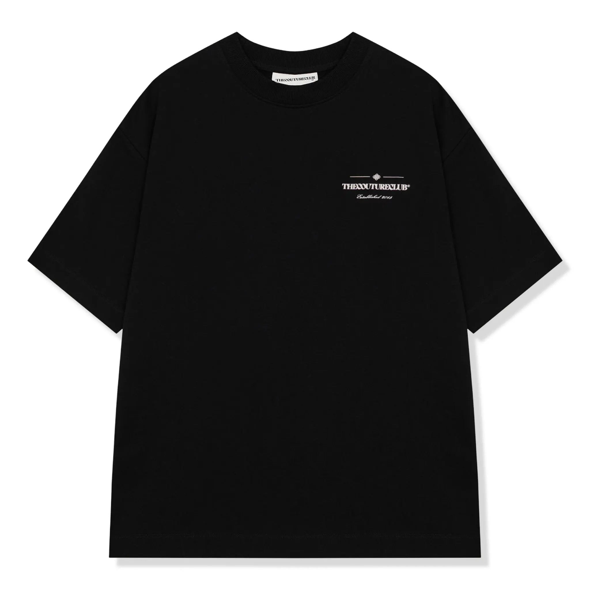 Front View of The Couture Club Copyright Multi Graphic Black T-Shirt