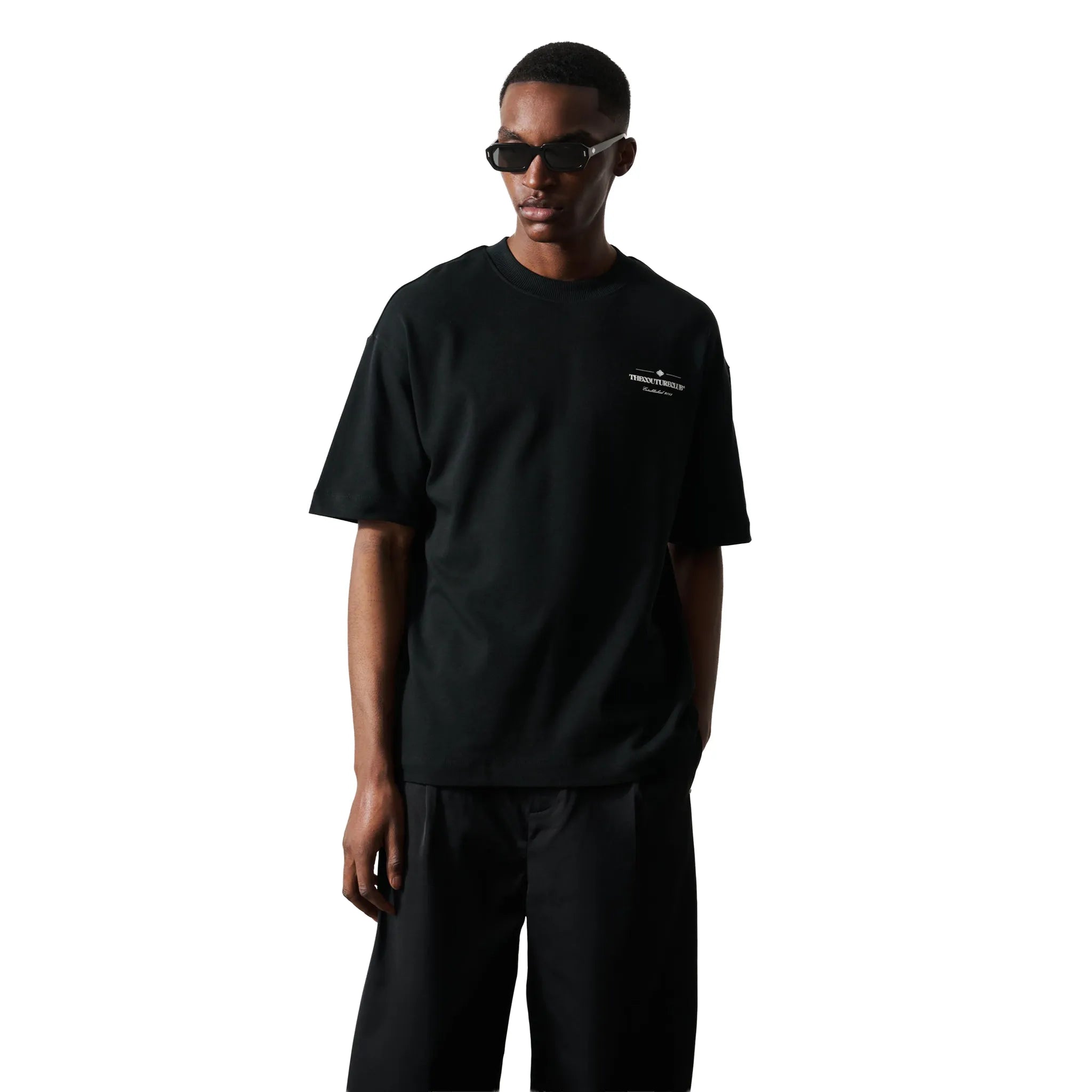 Front View of The Couture Club Copyright Multi Graphic Black T-Shirt