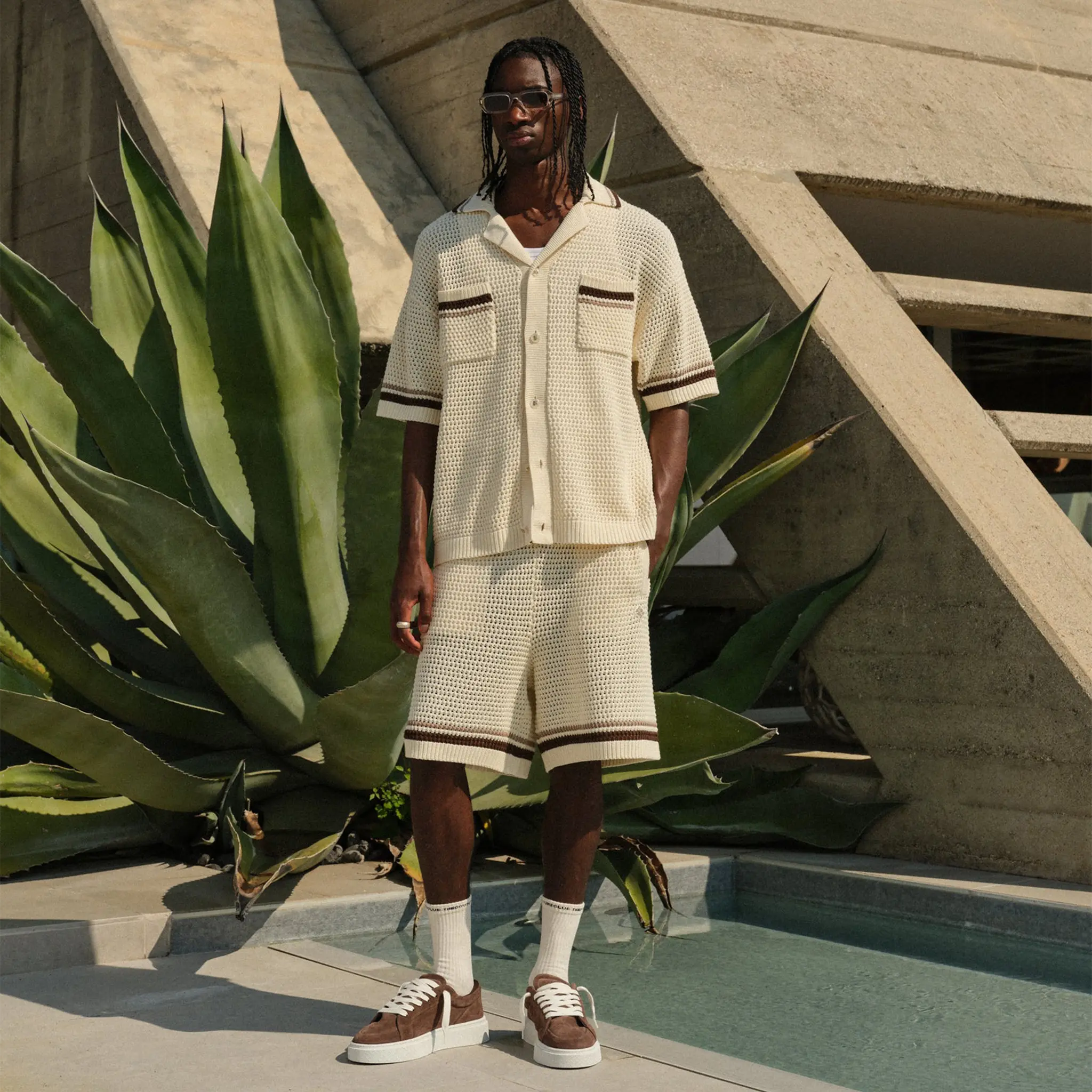 Model View of The Couture Club Crochet Knitted Stripe Off White Shorts