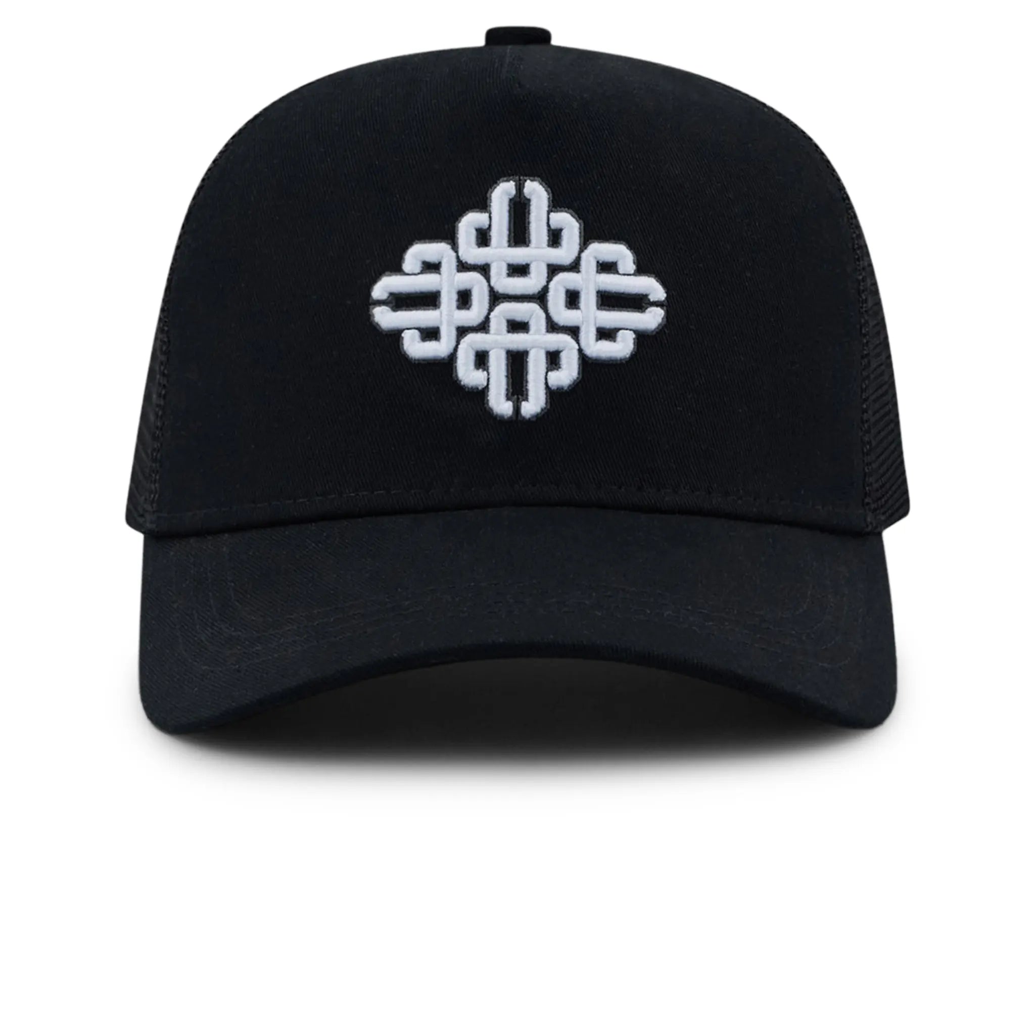 Front View of The Couture Club Emblem Embroidered Mesh Black Cap