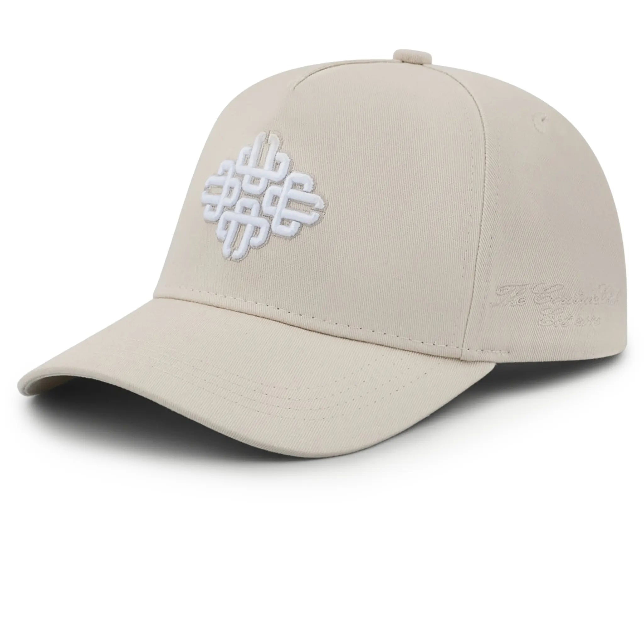 Front Side View of The Couture Club Emblem Embroidery Beige Cap