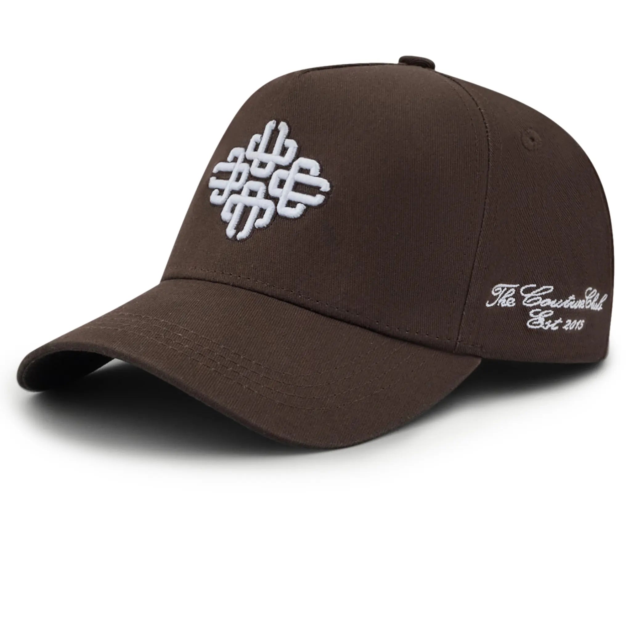 Front Side View of The Couture Club Emblem Embroidery Brown Cap