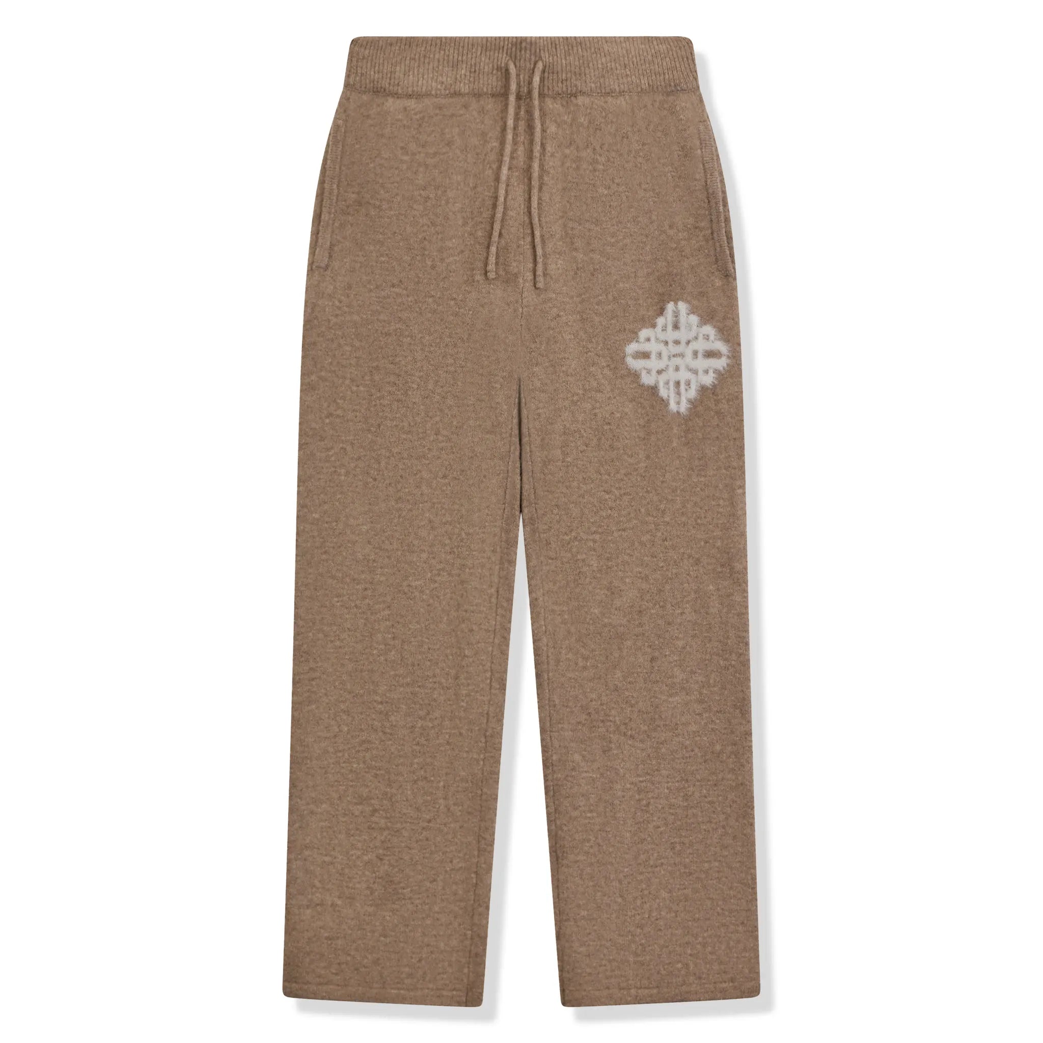 Front View of The Couture Club Emblem Fluffy Knit Beige Sweatpants