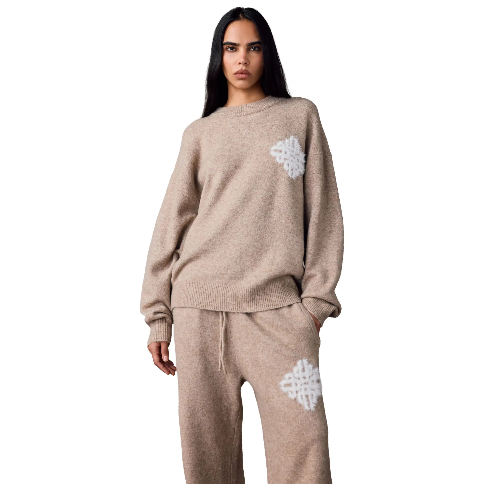 Front View of The Couture Club Emblem Fluffy Knit Beige Sweatshirt