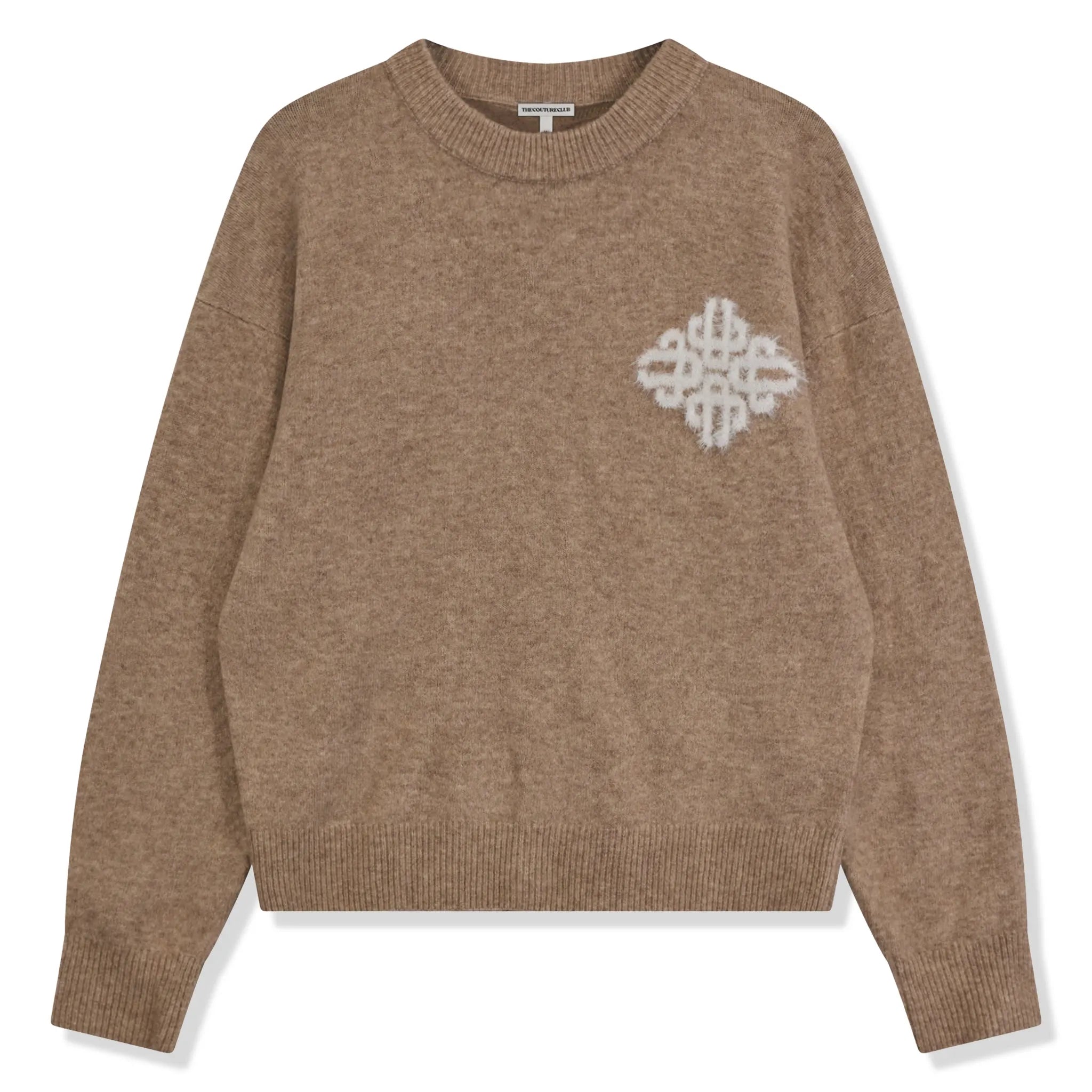 Front View of The Couture Club Emblem Fluffy Knit Beige Sweatshirt