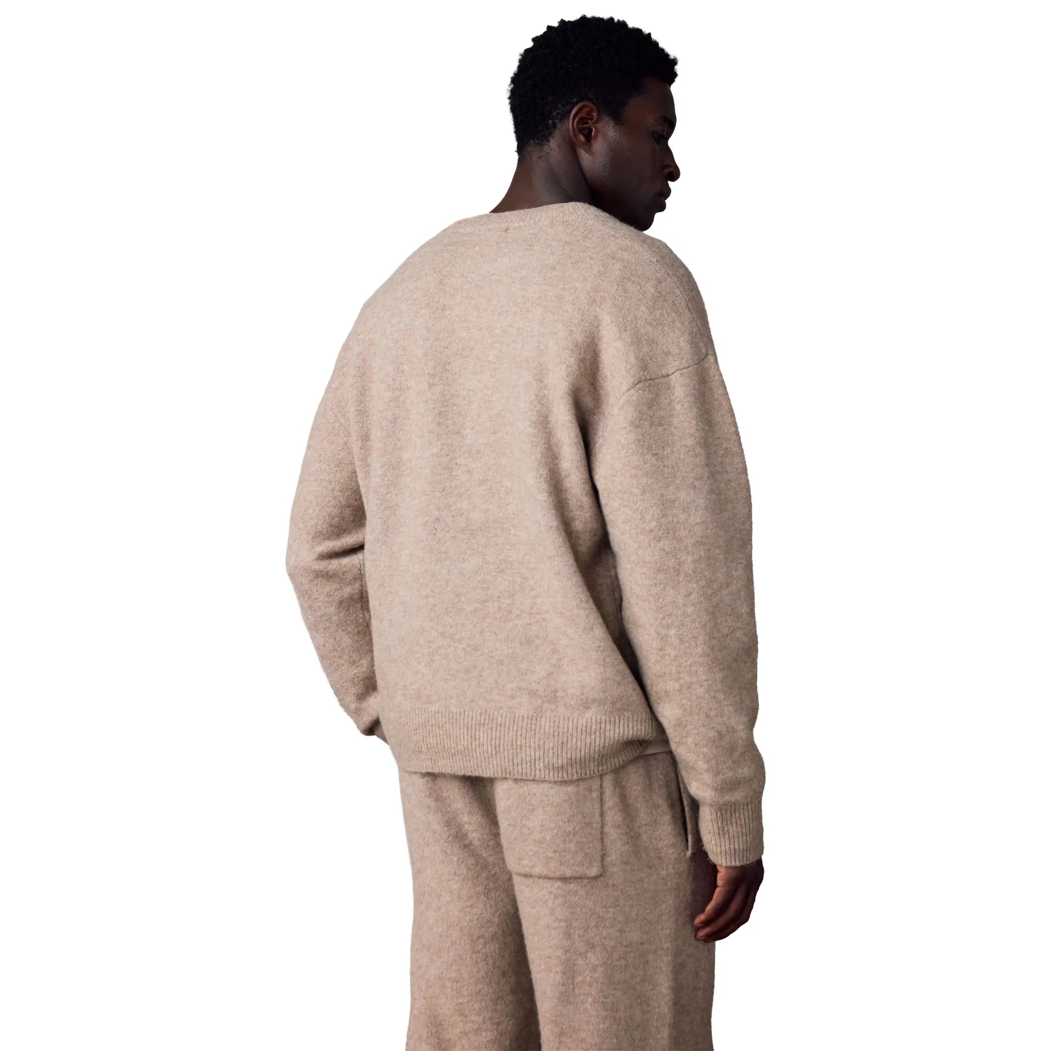 Model Back View of The Couture Club Emblem Fluffy Knit Beige Sweatshirt