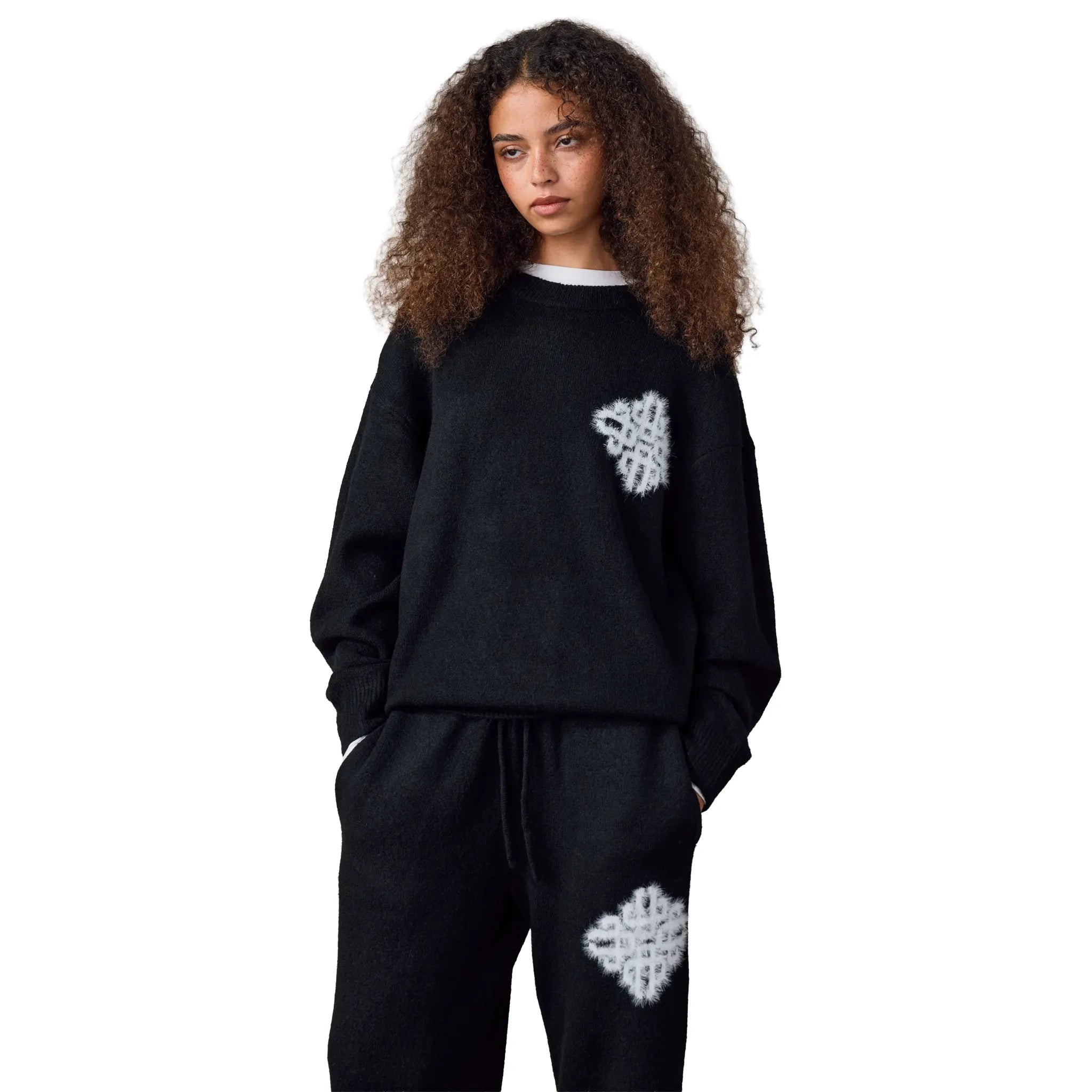 Detailed Front View of The Couture Club Emblem Fluffy Knit Black Sweatshirt