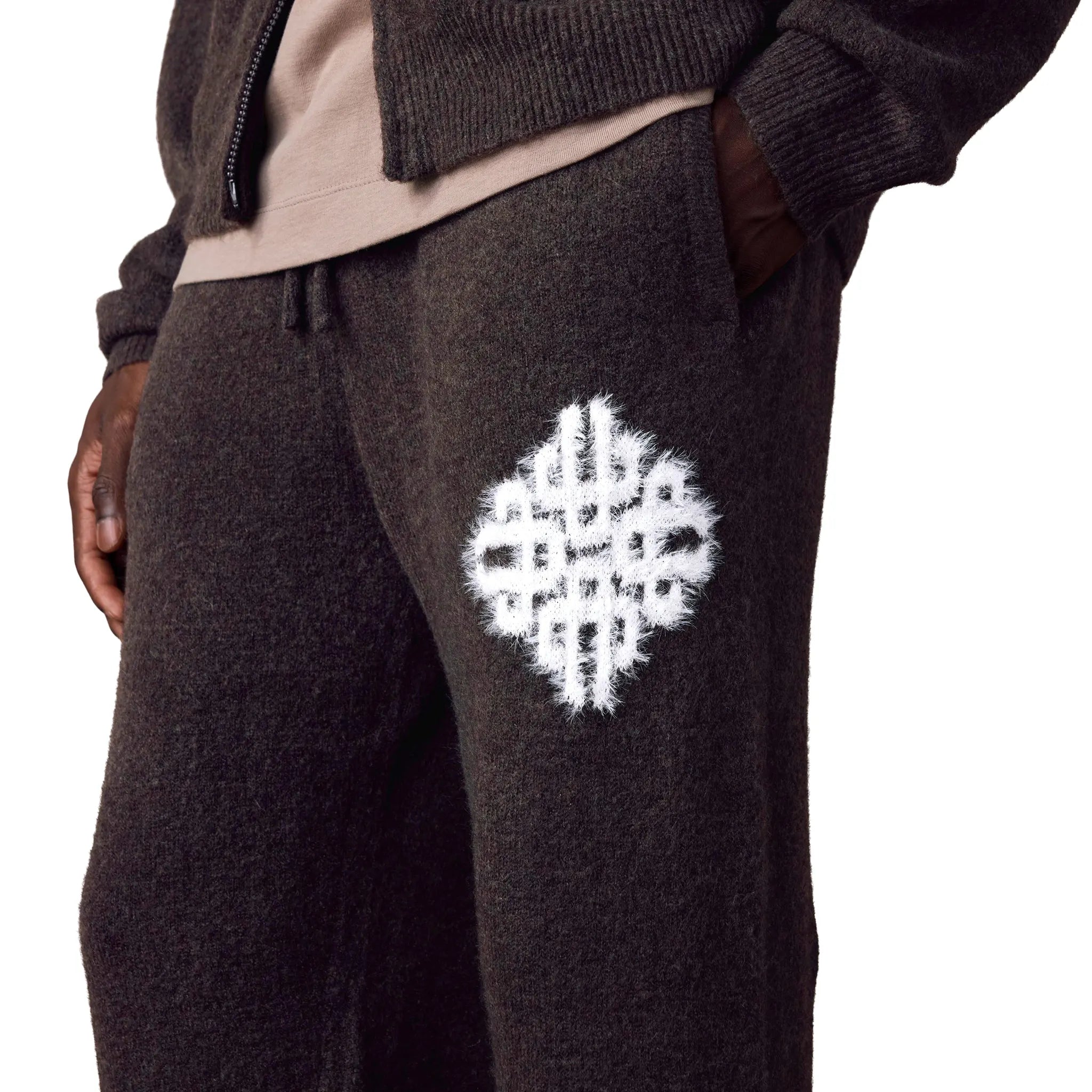 Detailed View of The Couture Club Emblem Fluffy Knit Brown Sweatpants
