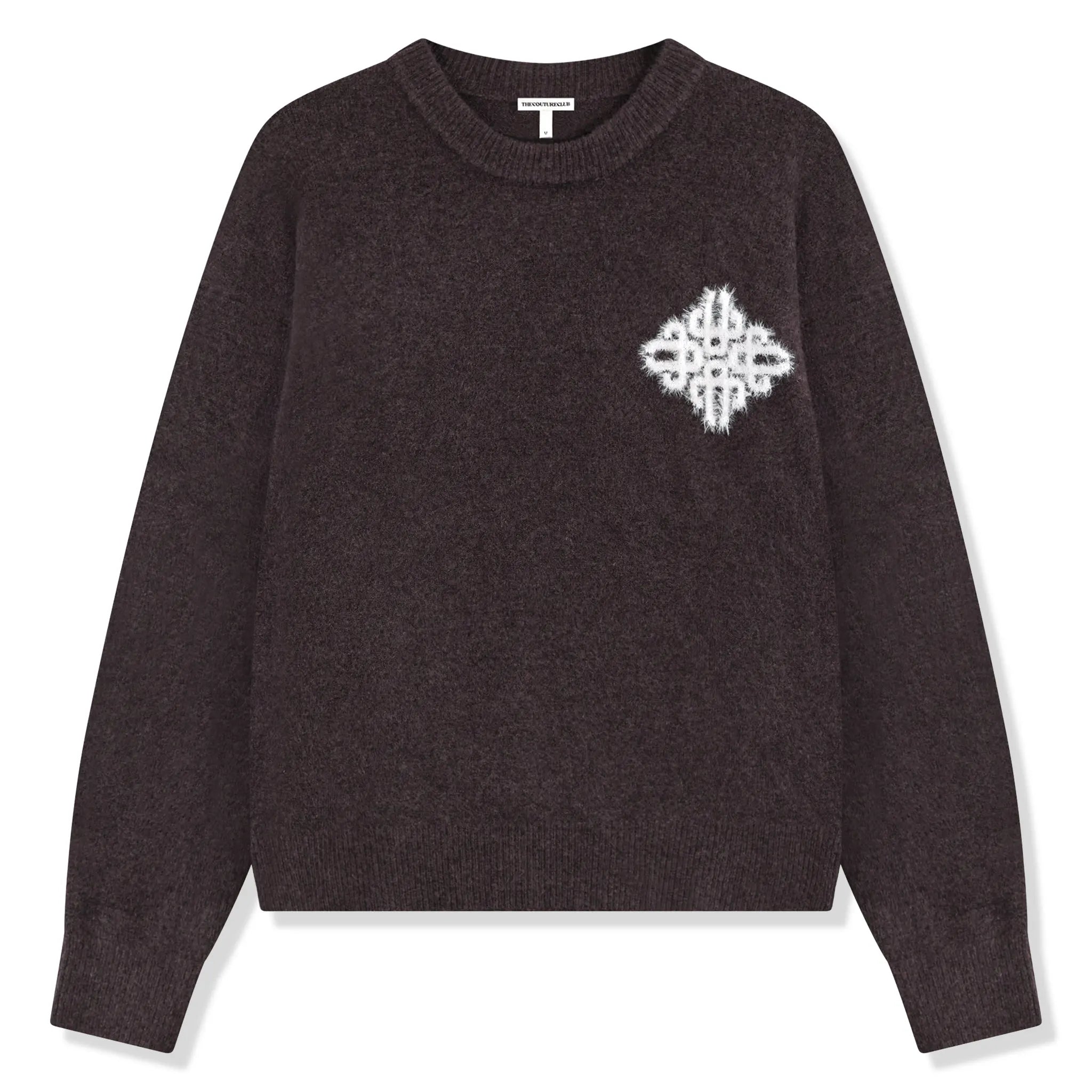 Front View of The Couture Club Emblem Fluffy Knit Brown Sweatshirt TCCM3372