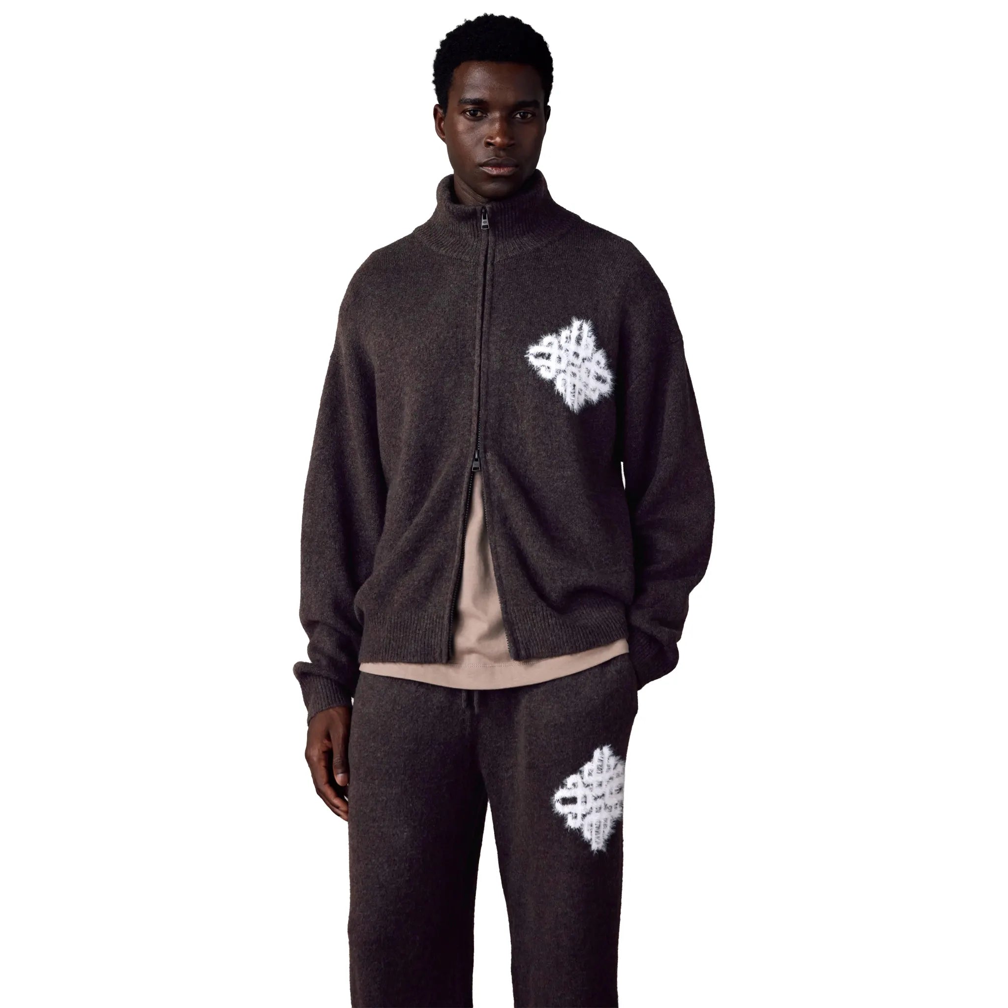 Front View of The Couture Club Fluff Knit Brown Neck Funnel Sweatshirt