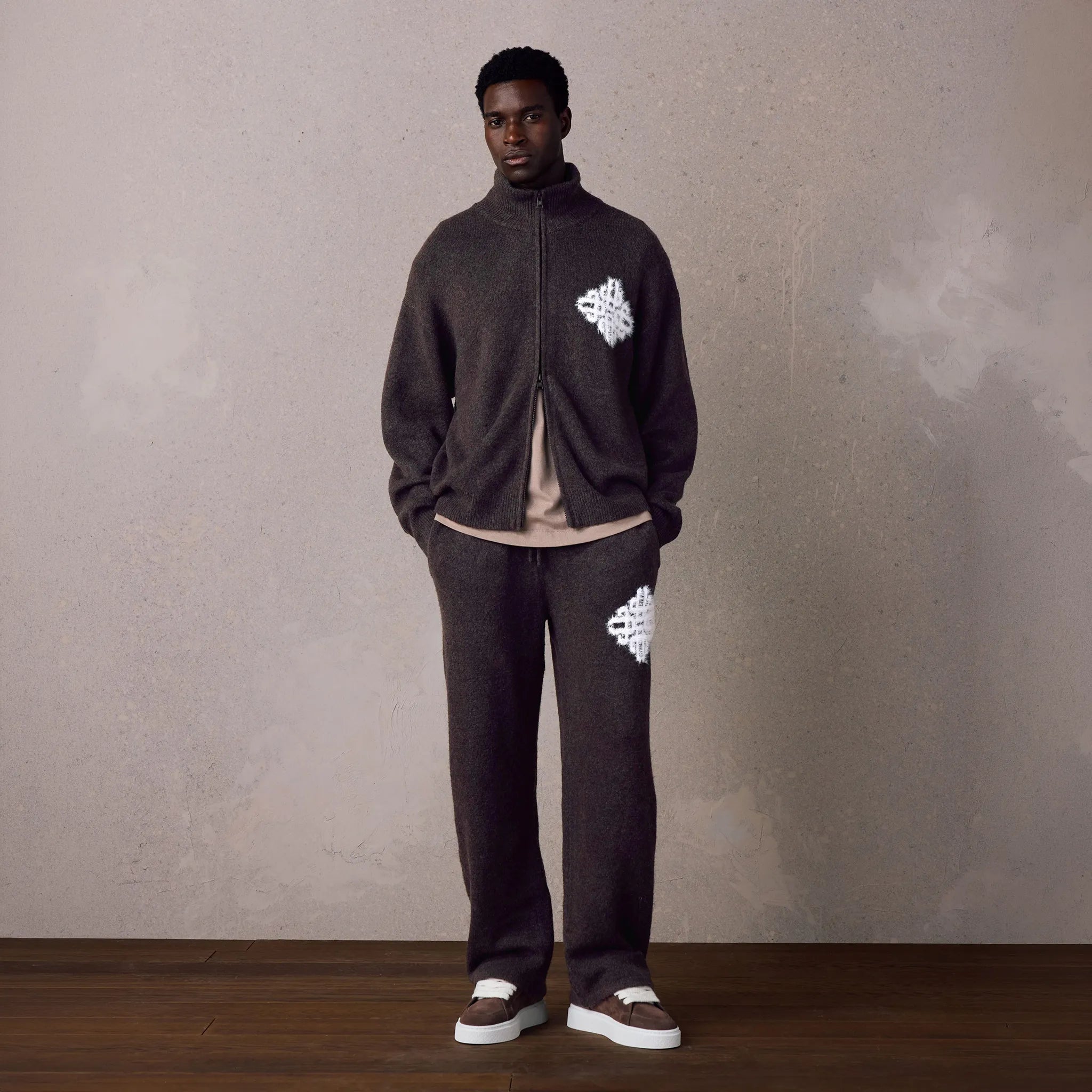 Front View of The Couture Club Fluff Knit Brown Neck Funnel Sweatshirt