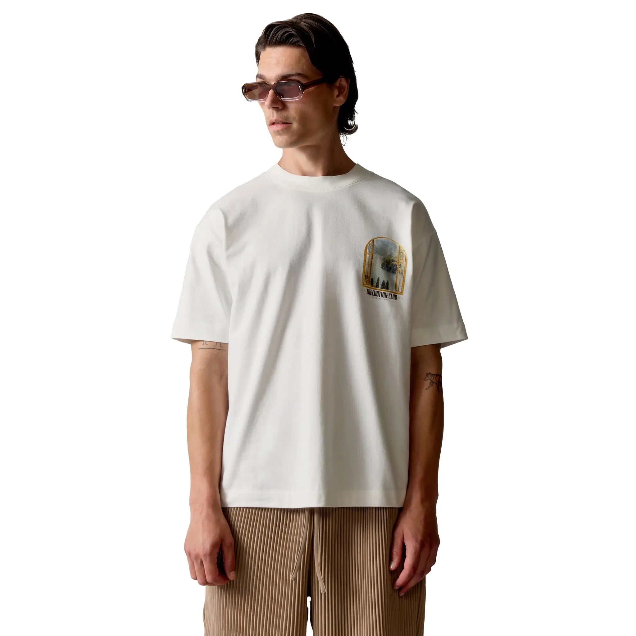 Front View of The Couture Club Lake Como Graphic White T-Shirt