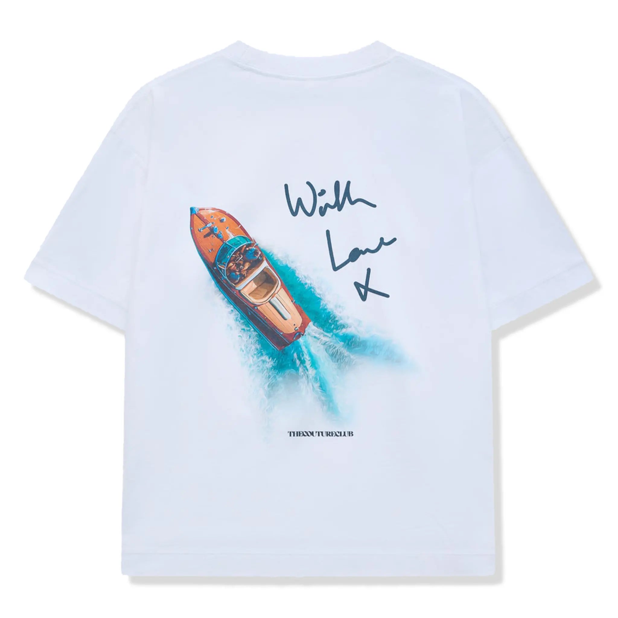 Back View of The Couture Club Monaco With Love Graphic White T-Shirt