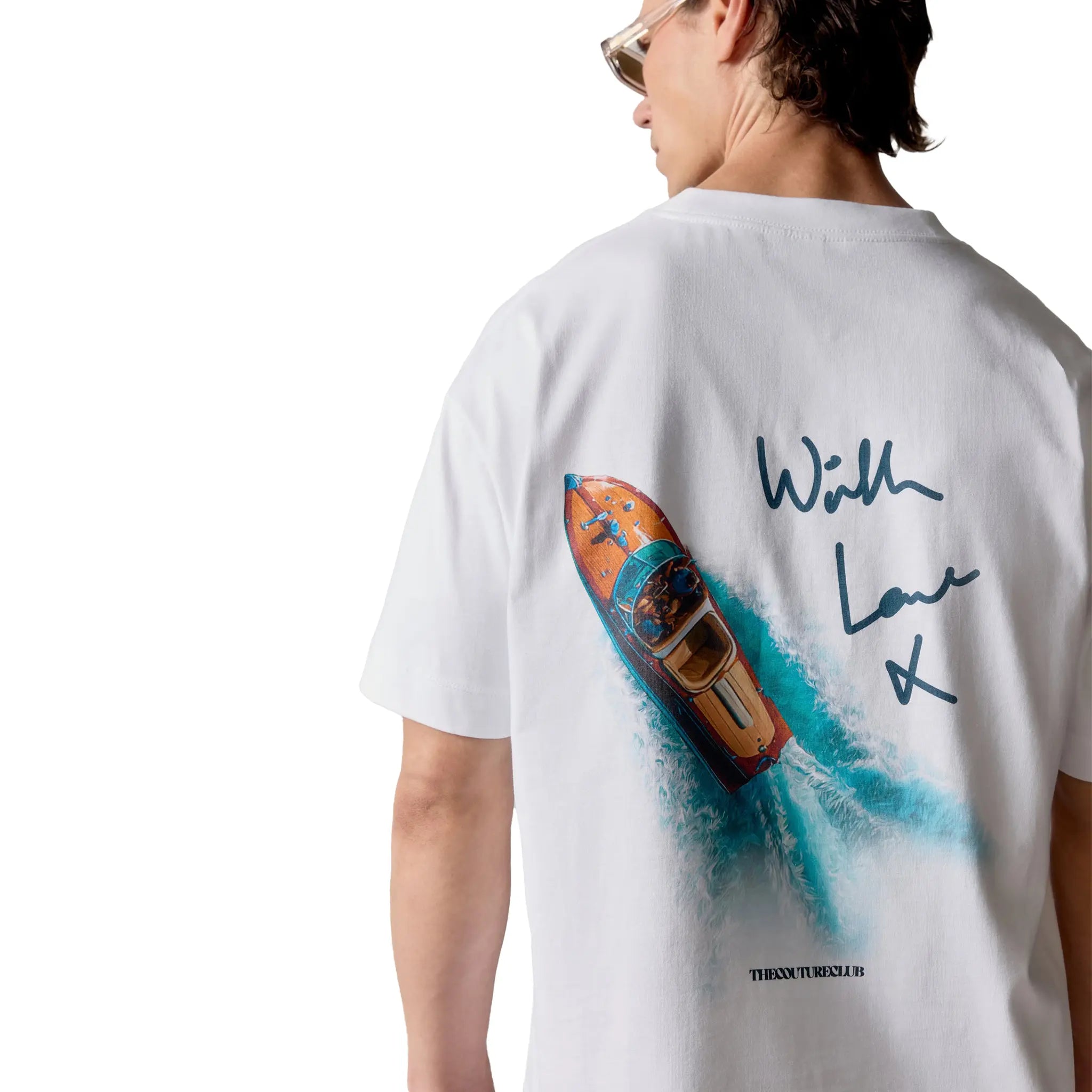 Detailed Back View of The Couture Club Monaco With Love Graphic White T-Shirt