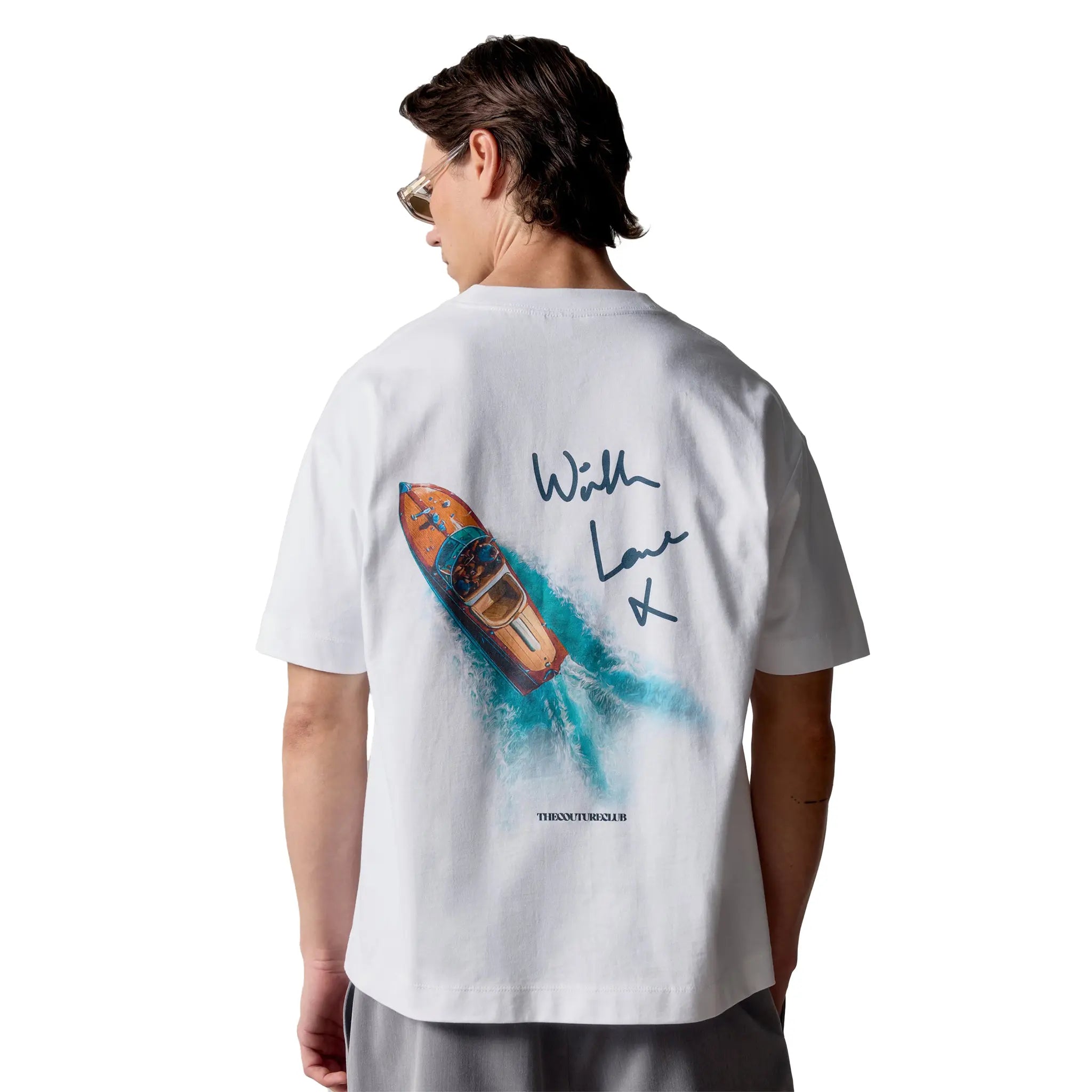 Back View of The Couture Club Monaco With Love Graphic White T-Shirt