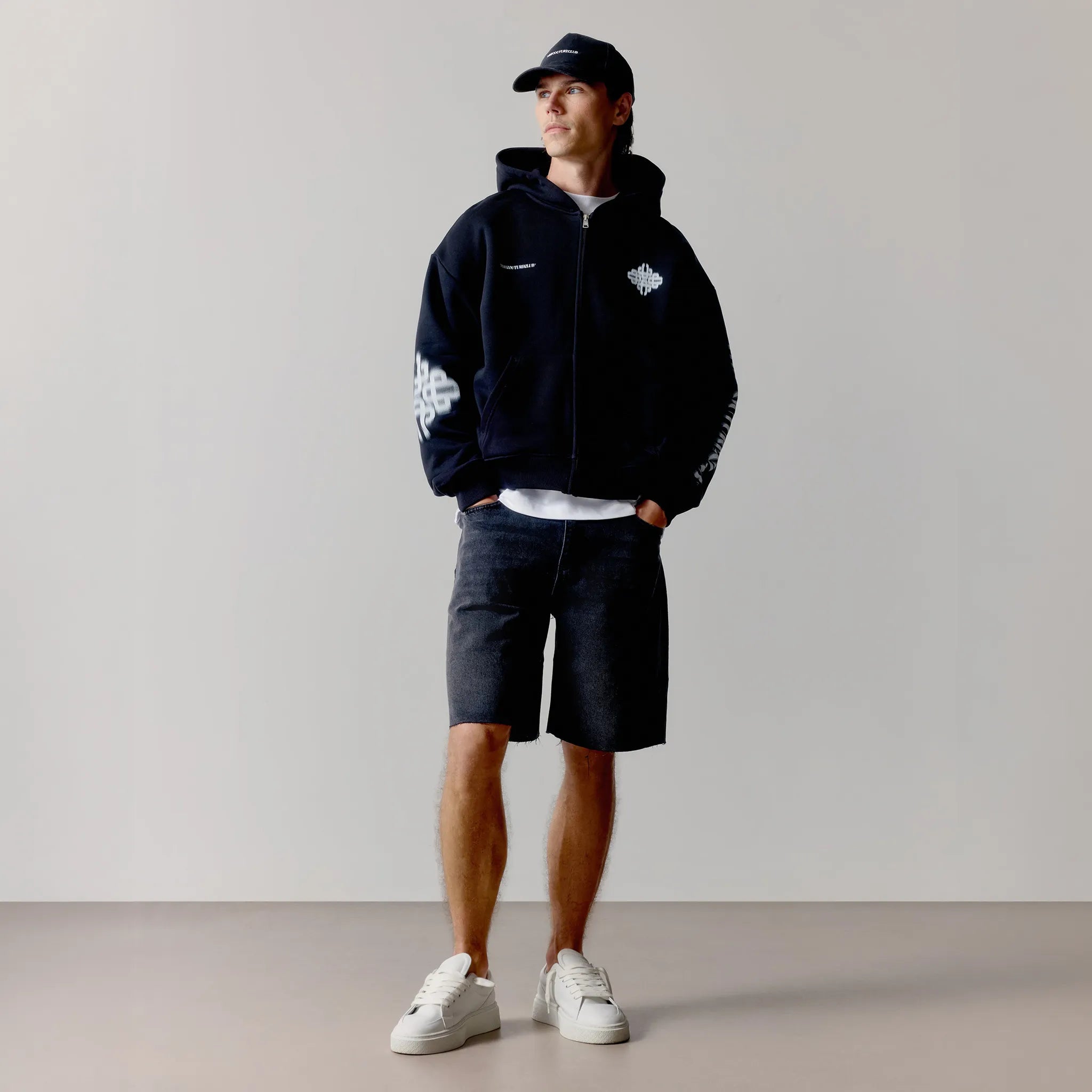 Front View of The Couture Club Motion Blurred Black Zip-Up Hoodie