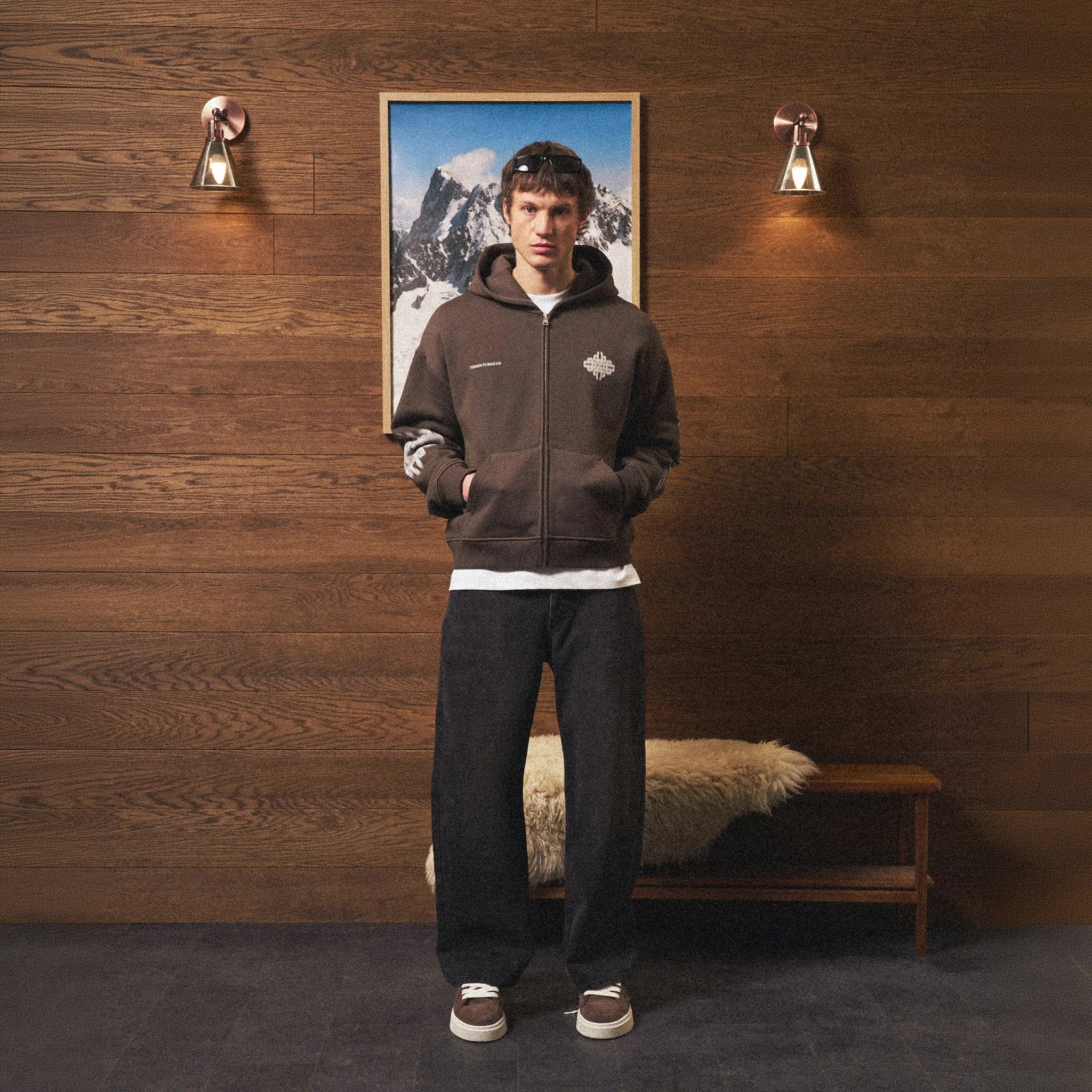 Front View of The Couture Club Motion Blurred Brown Zip-Up Hoodie