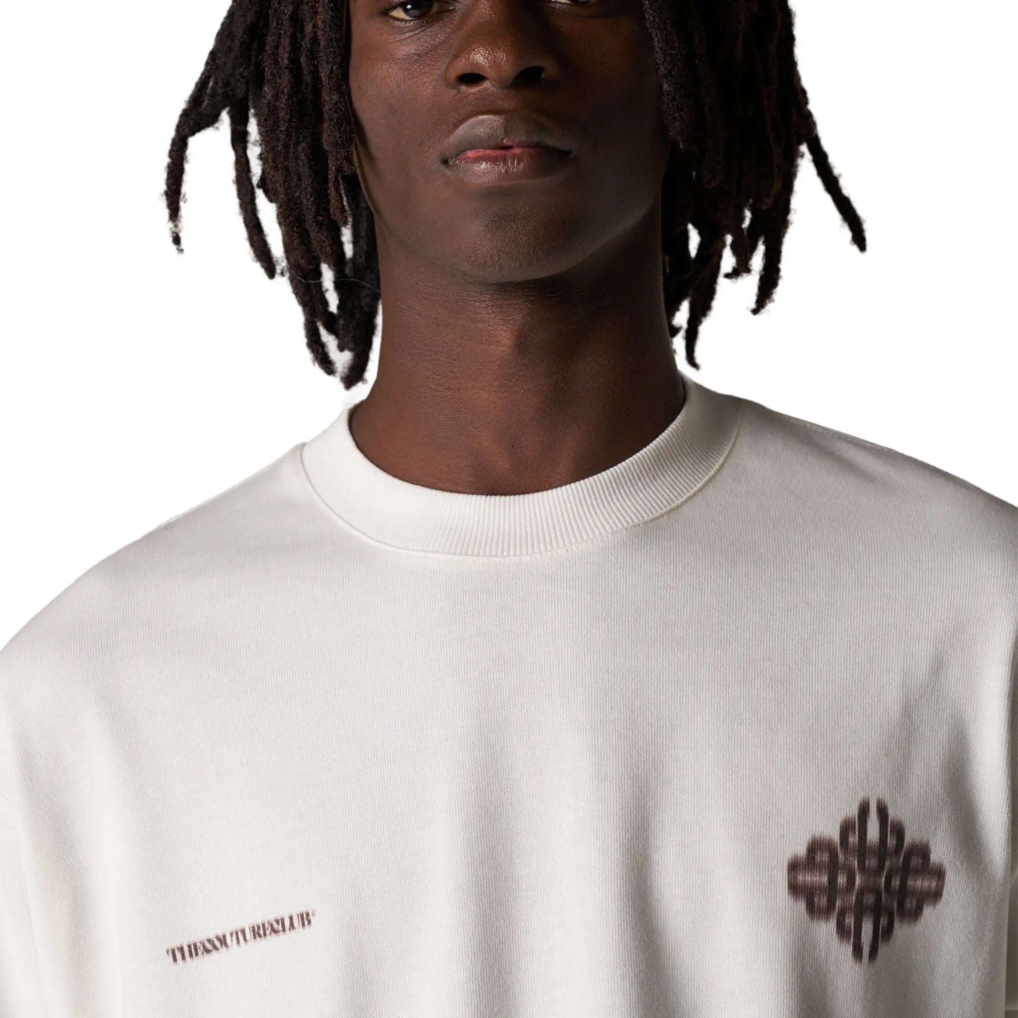 Detailed Front View of The Couture Club Motion Blurred Emblem Off White T-Shirt