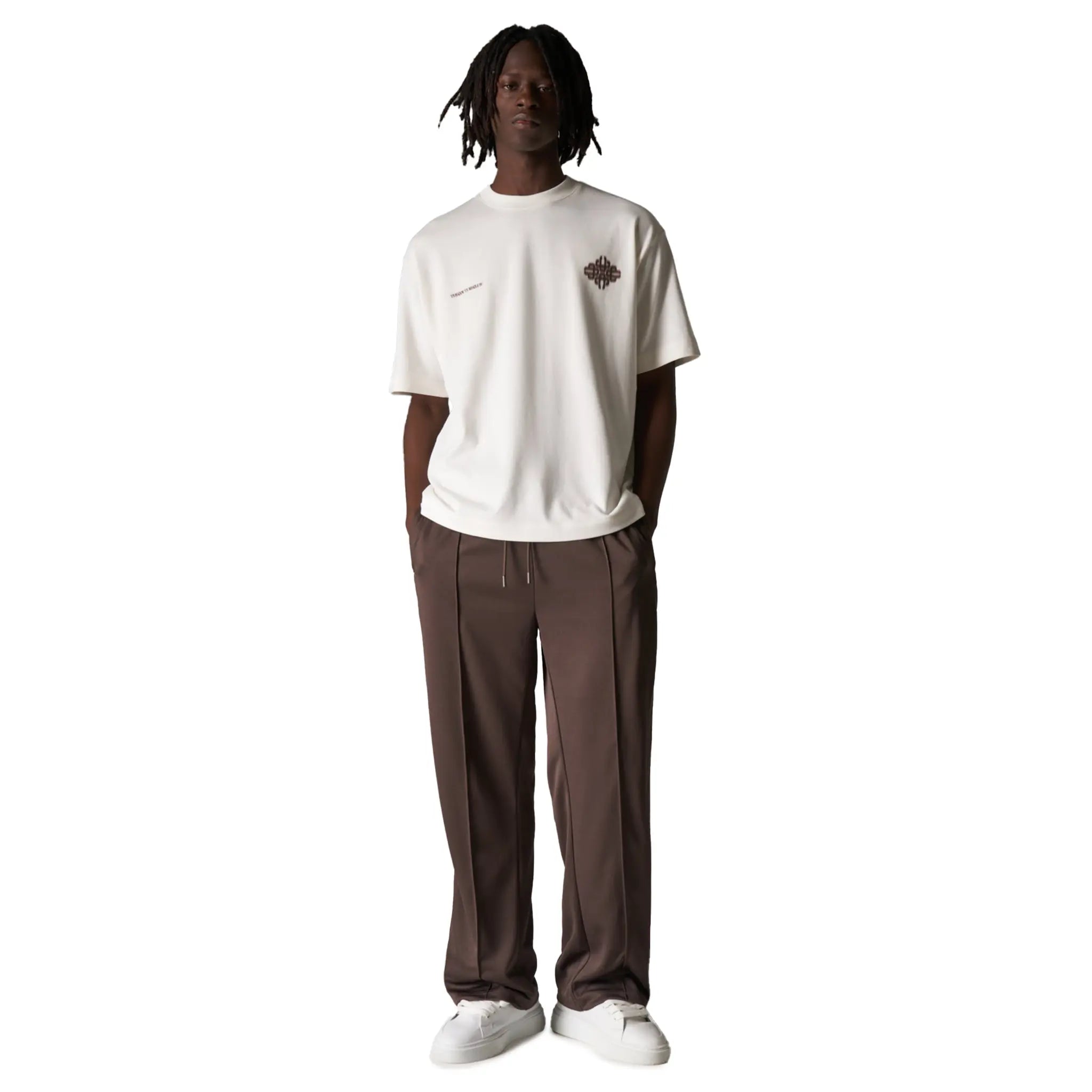 Model View of The Couture Club Motion Blurred Emblem Off White T-Shirt