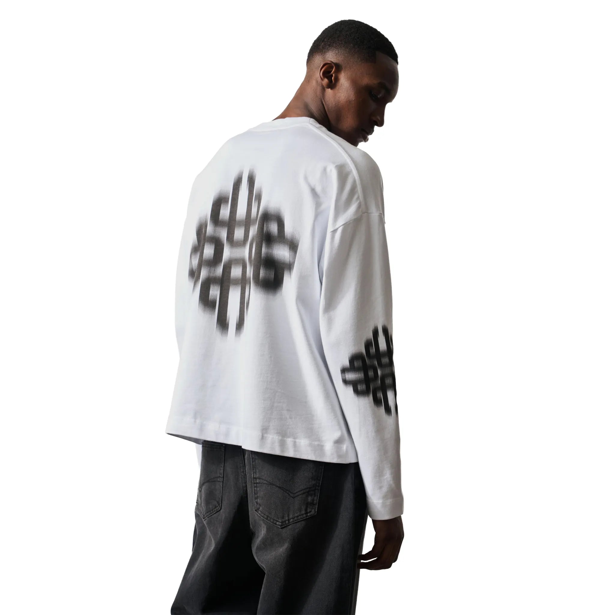 Back Side View of The Couture Club Motion Blurred L/S White T-Shirt