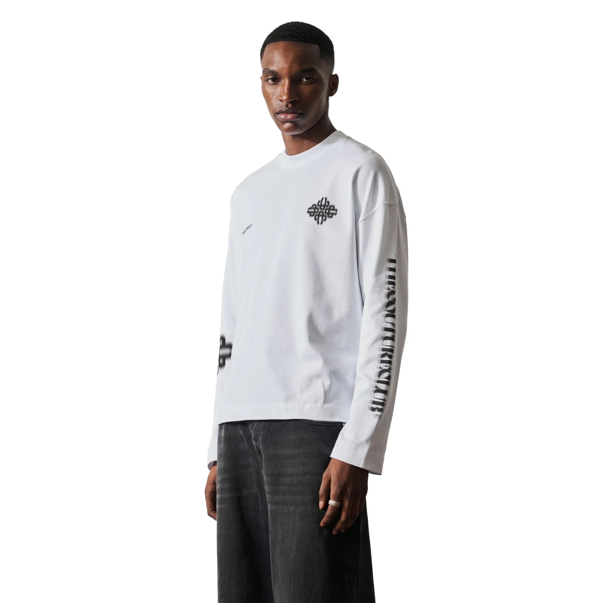 Front Side View of The Couture Club Motion Blurred L/S White T-Shirt