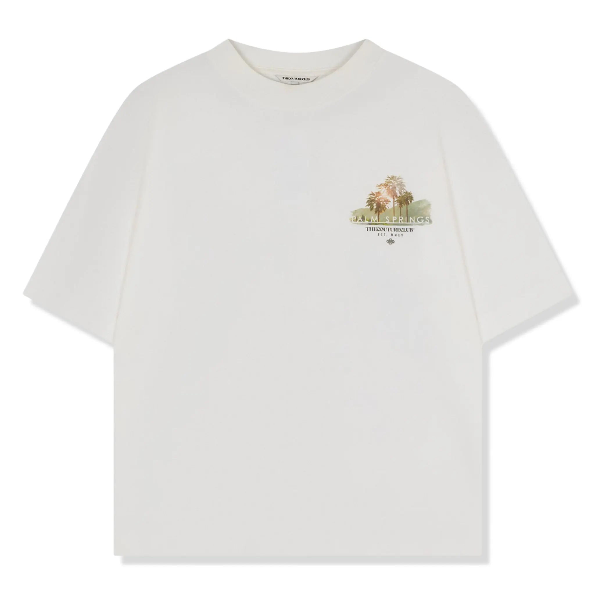 Front View of The Couture Club Palm Springs Graphic Off White T-Shirt