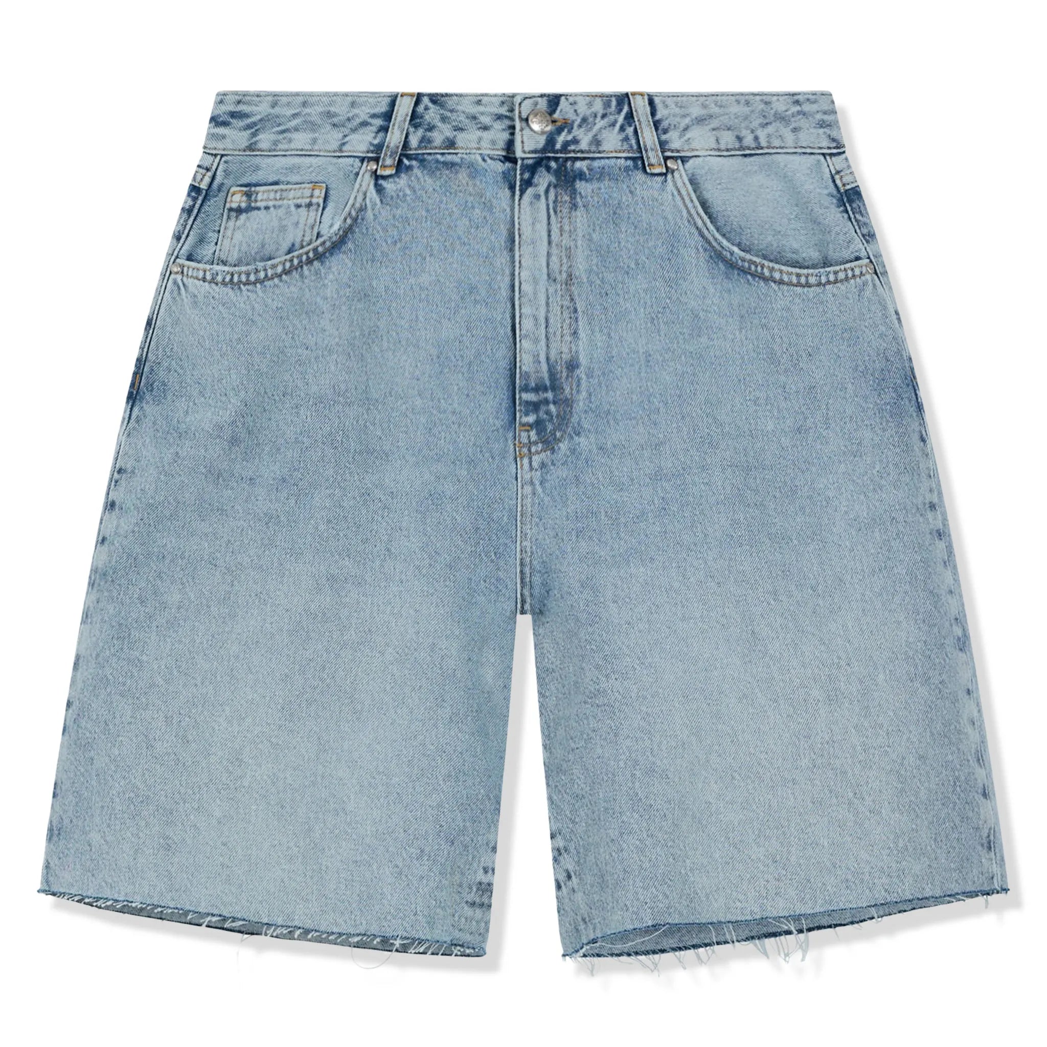 Front View of The Couture Club Raw Edge Mid Stone Wash Denim Shorts