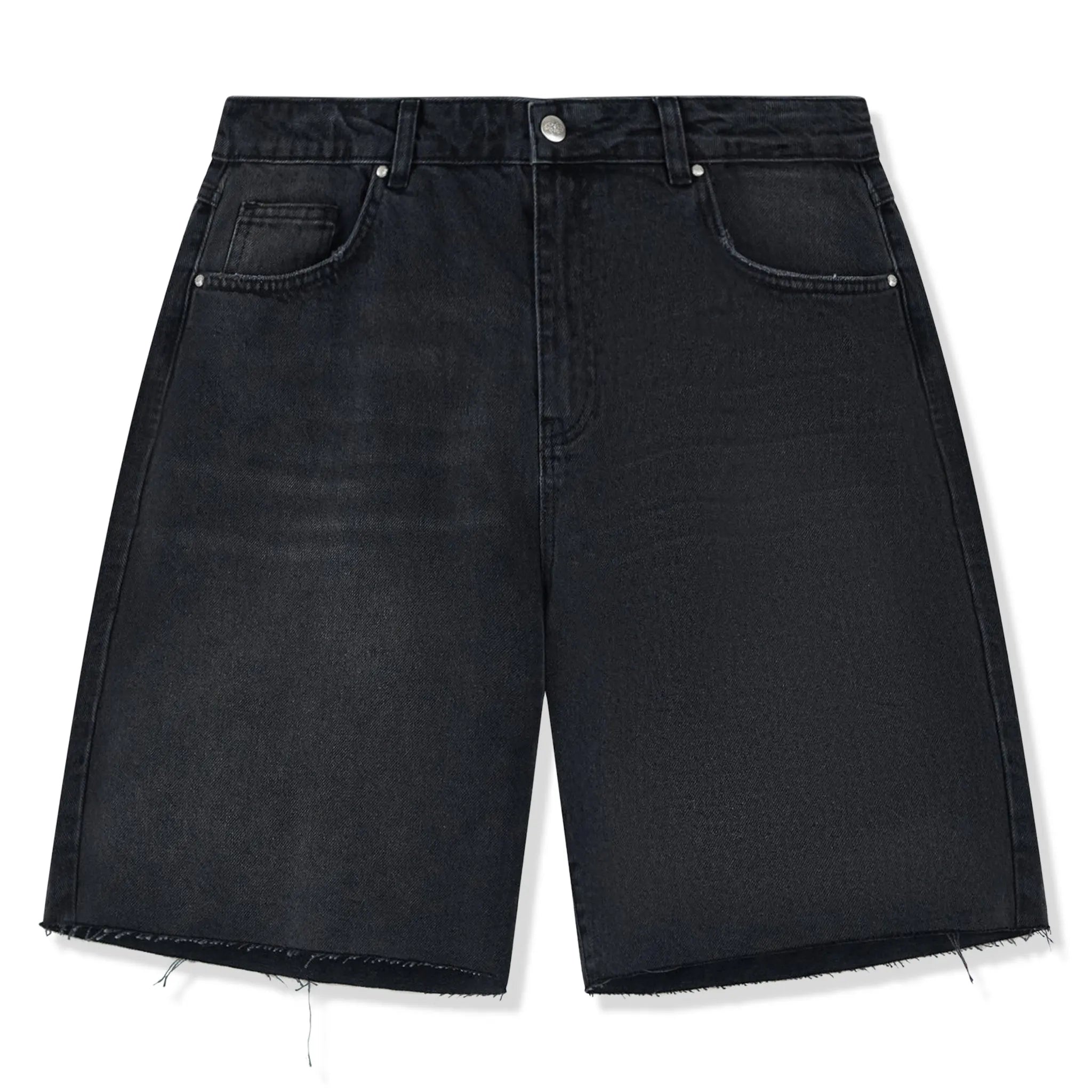 Front View of The Couture Club Raw Edge Washed Black Denim Shorts