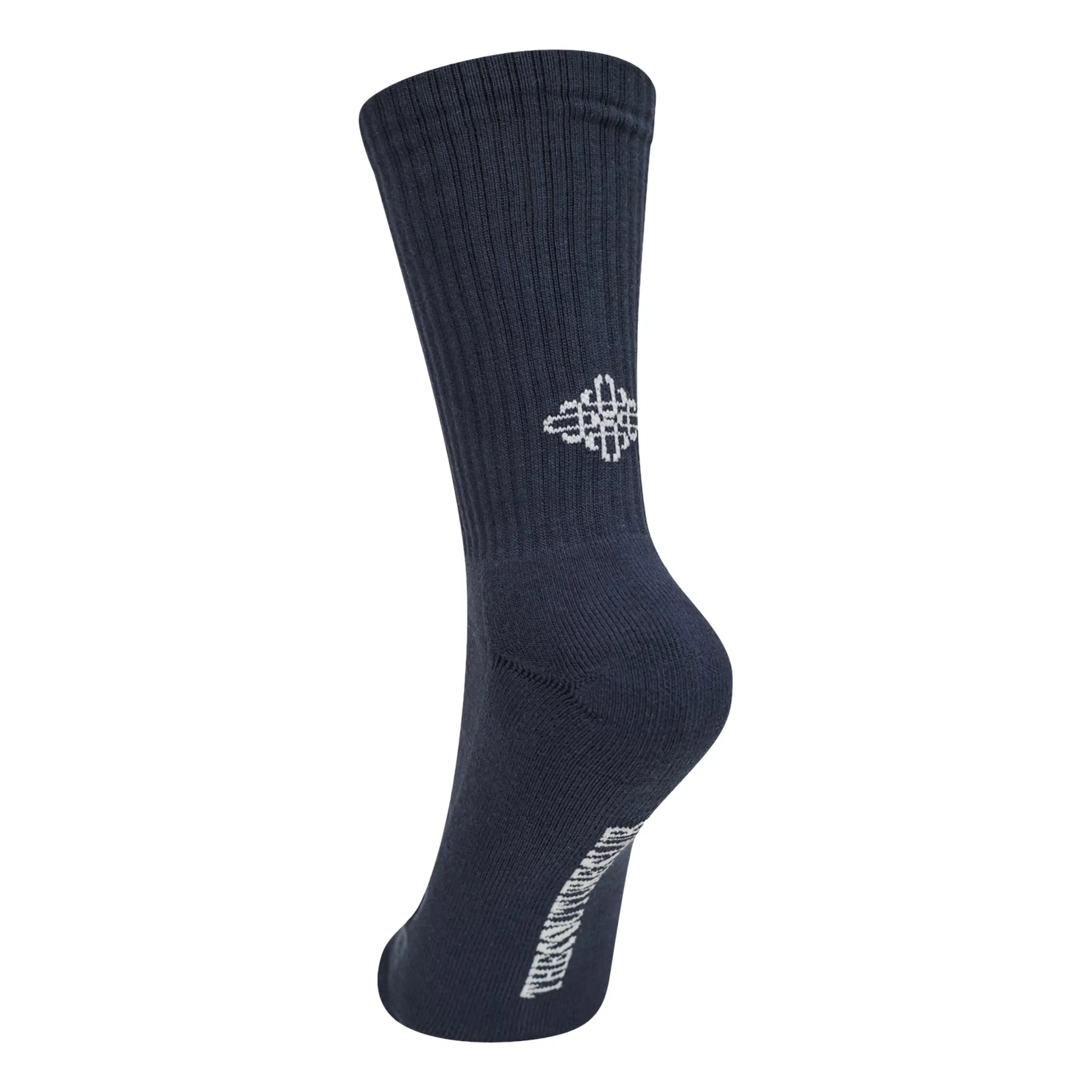 Back Side View of The Couture Club Reverse Emblem Copyright Navy Socks