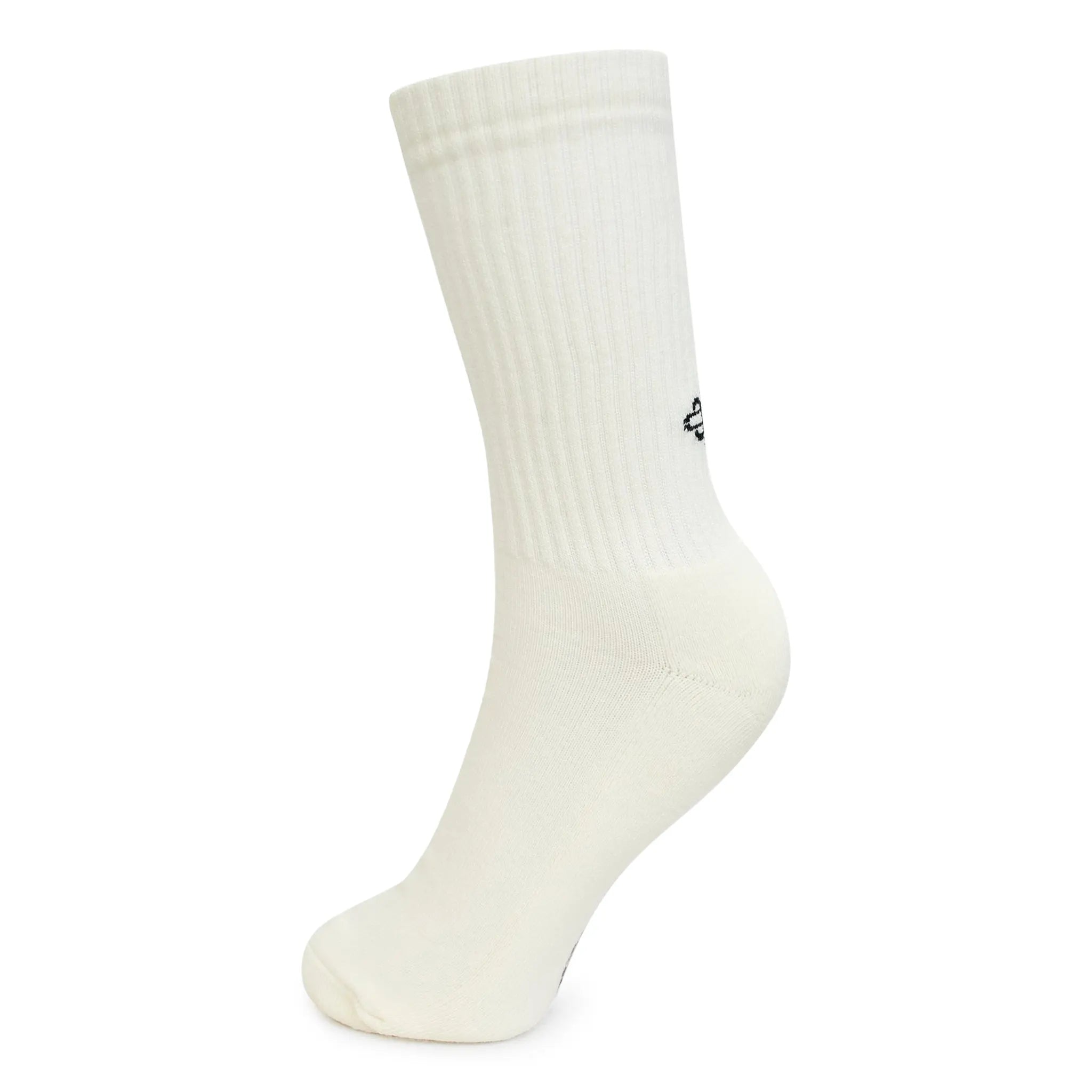 Back Side View of The Couture Club Reverse Emblem Copyright Off White Socks