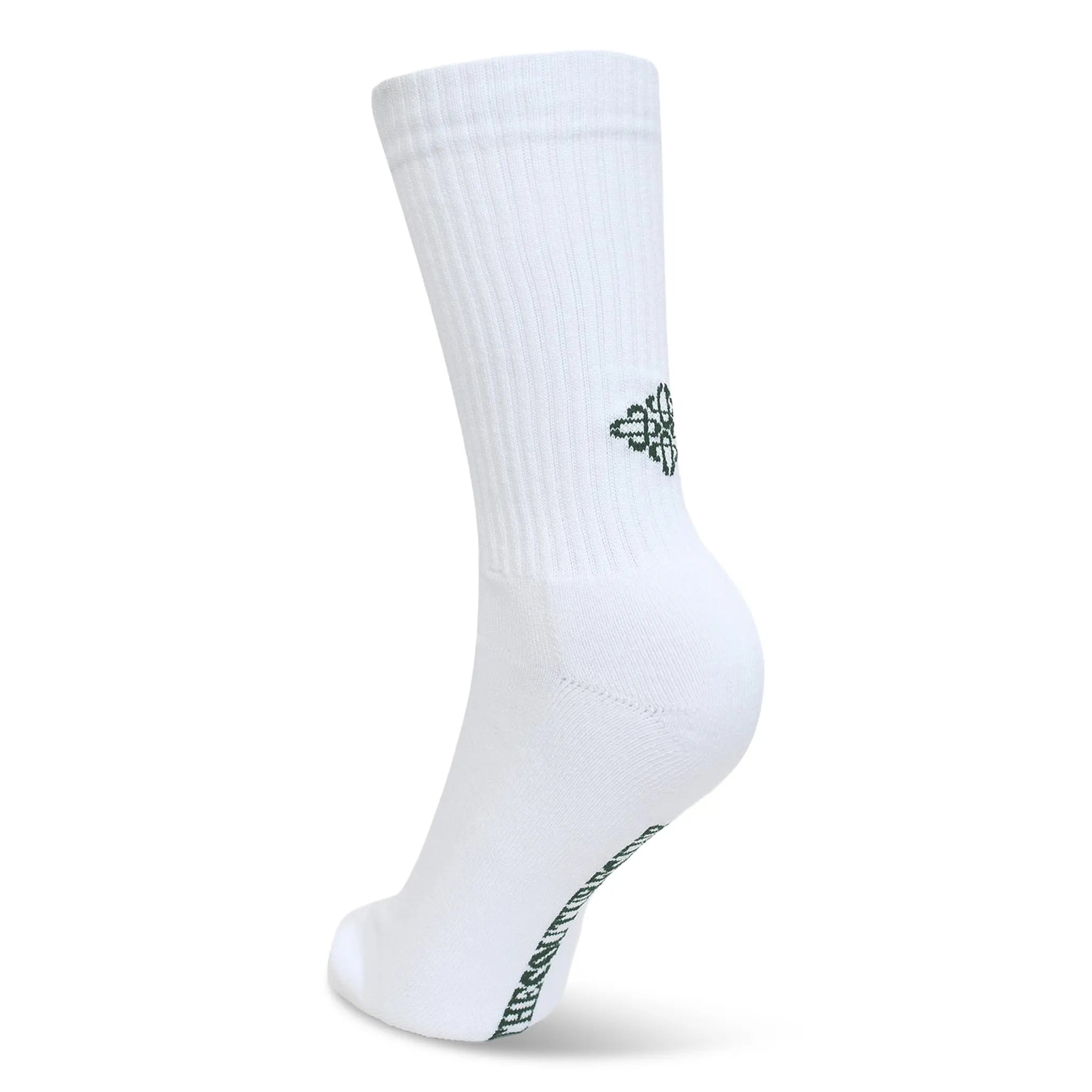 Back View of The Couture Club Reverse Emblem Copyright White Green Socks