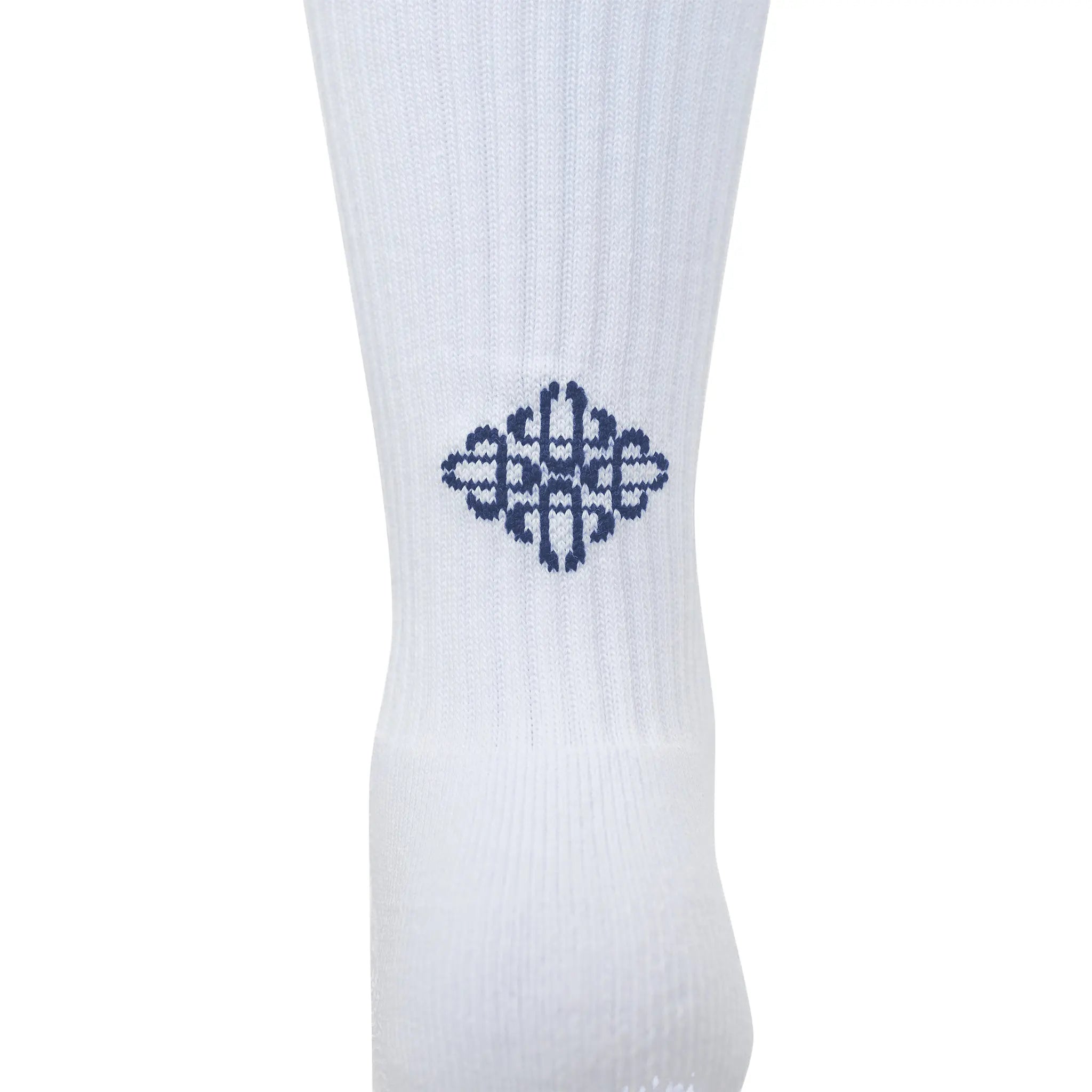 Detailed View of The Couture Club Reverse Emblem Copyright White Navy Socks