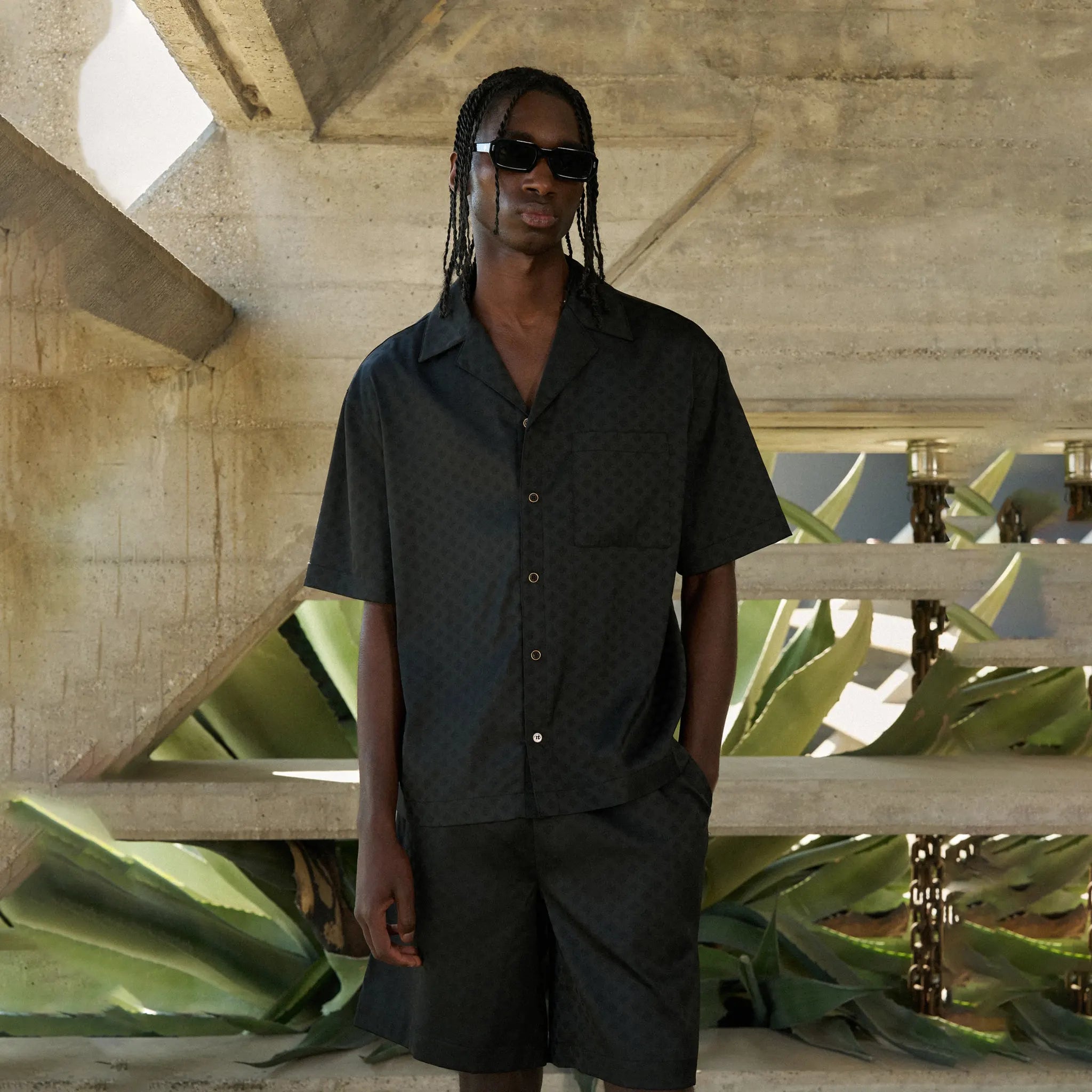 Model View of The Couture Club Satin Jacquard Black Shirt