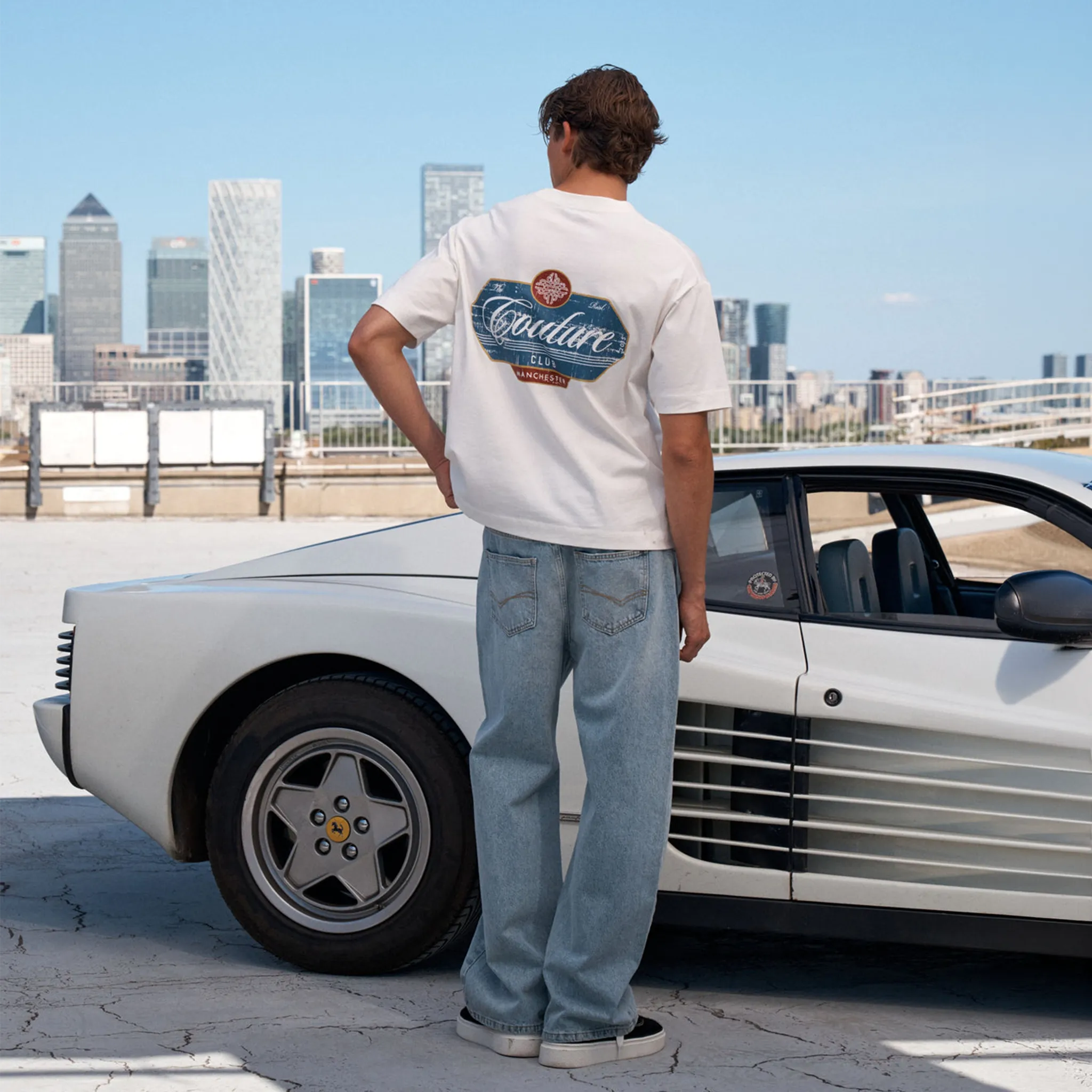 Model View of The Couture Club Vintage Script Graphic Off White T-Shirt