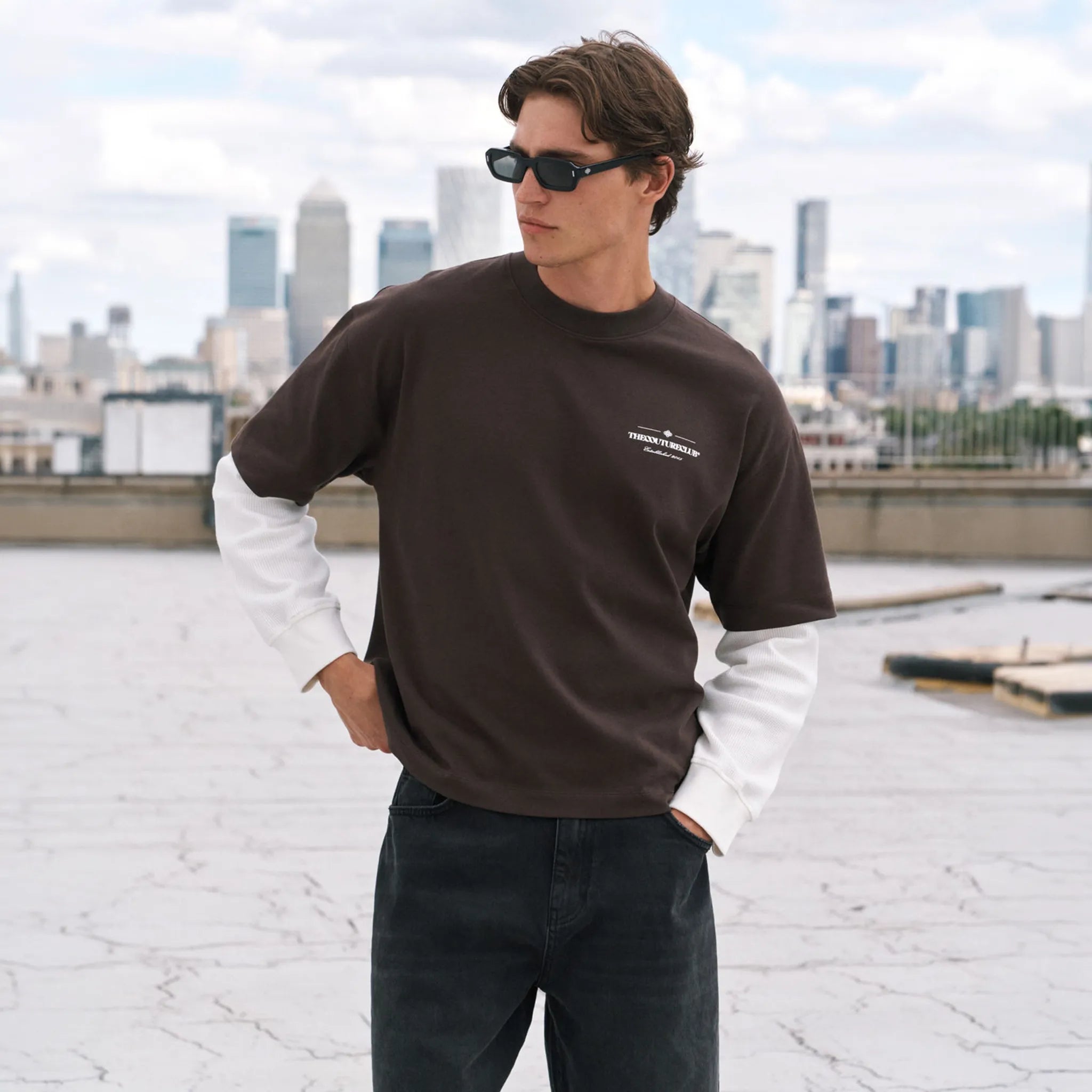 Model View of The Couture Club Waffle Double Layer Graphic L/S Brown T-Shirt