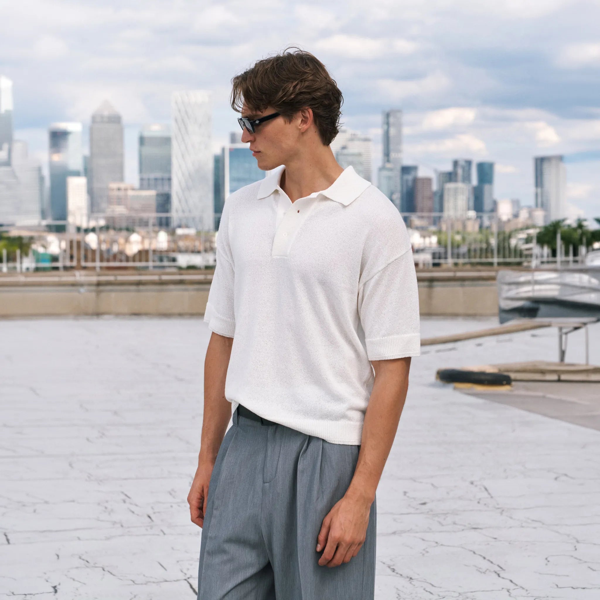 Detailed Front View of The Couture Fine Gauge Knitted White Polo Shirt
