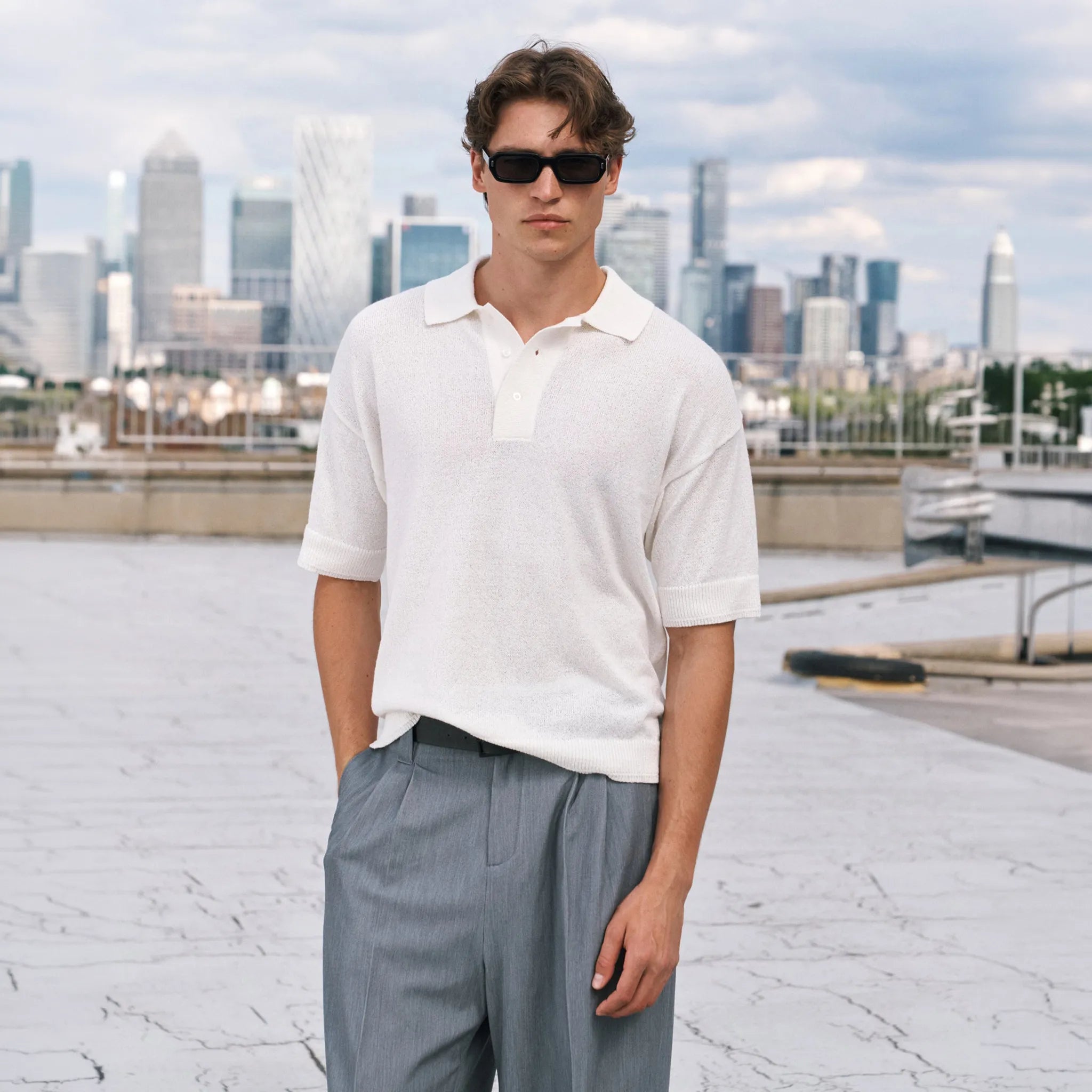 Model View of The Couture Fine Gauge Knitted White Polo Shirt