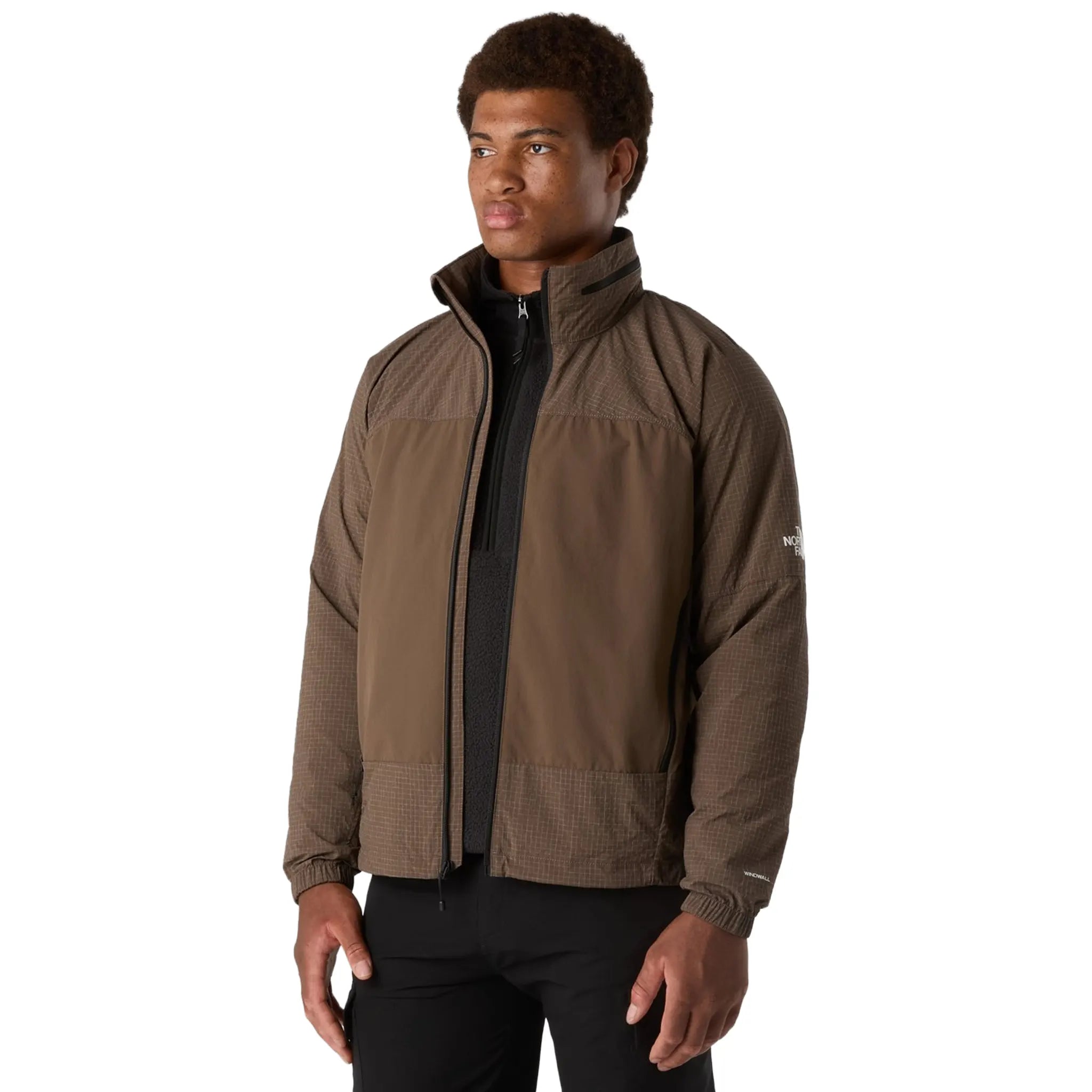 Model Front Side View of The North Face HKE Utility Wind Brown Jacket