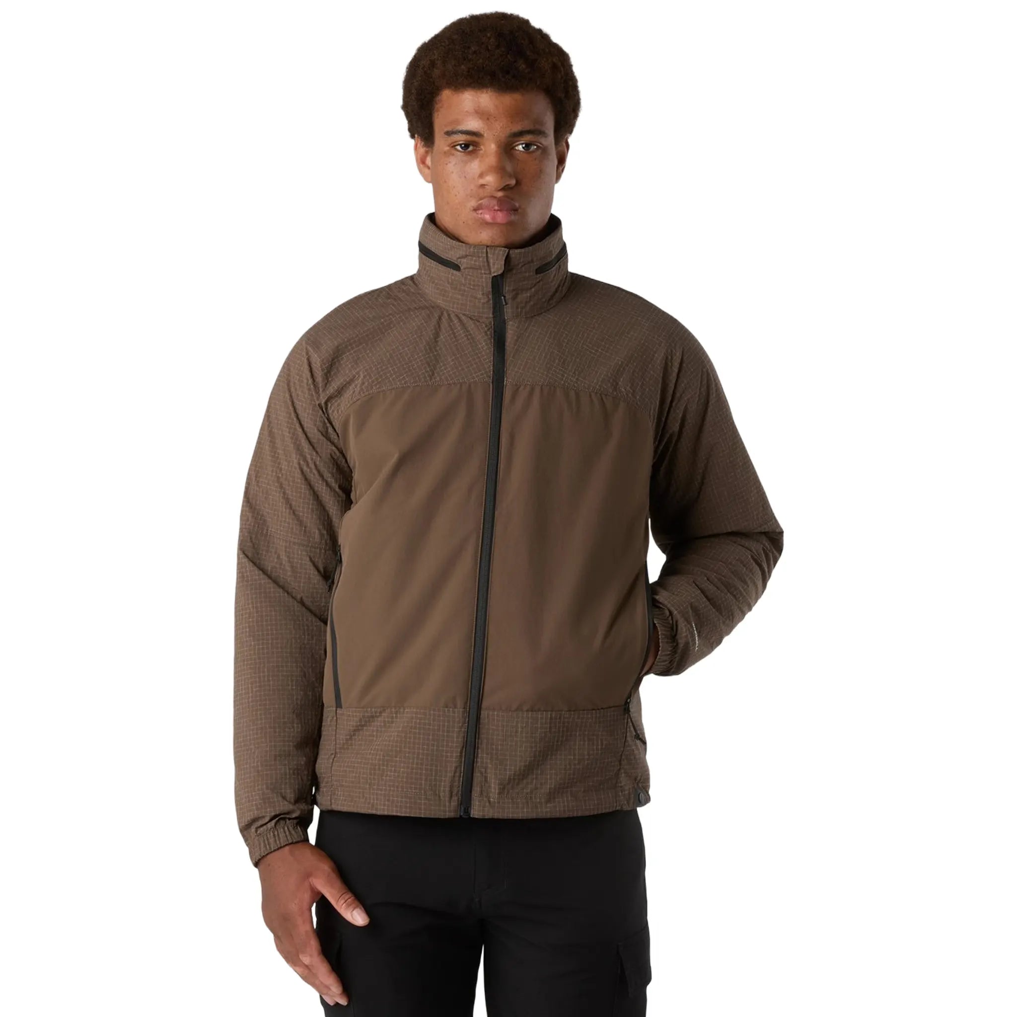 Model Front View of The North Face HKE Utility Wind Brown Jacket