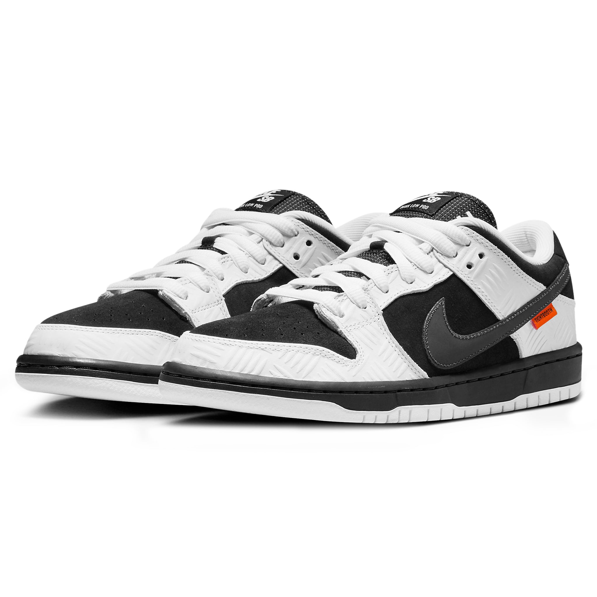 Front side view of Tightbooth X Nike SB Dunk Low Black White FD2629-100