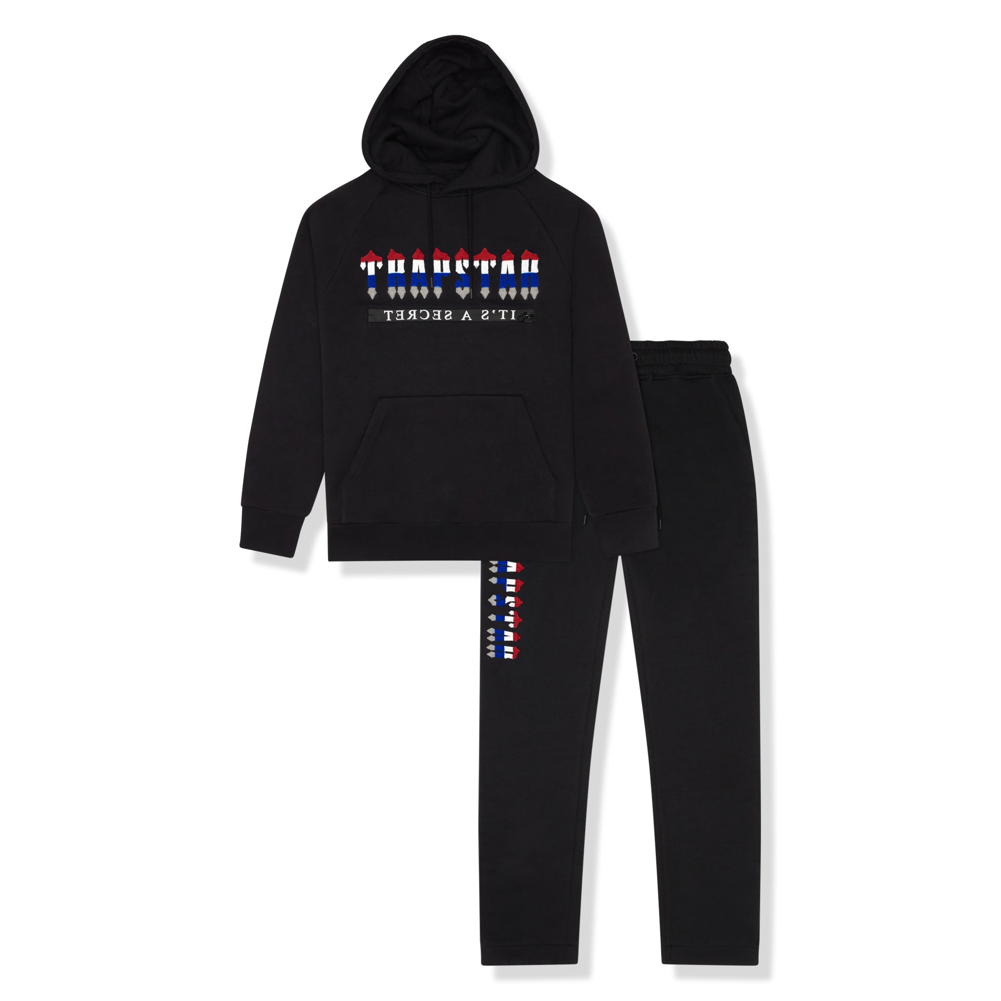 Front view of Trapstar Chenille Decoded 2.0 Hooded Tracksuit Black Revolution 