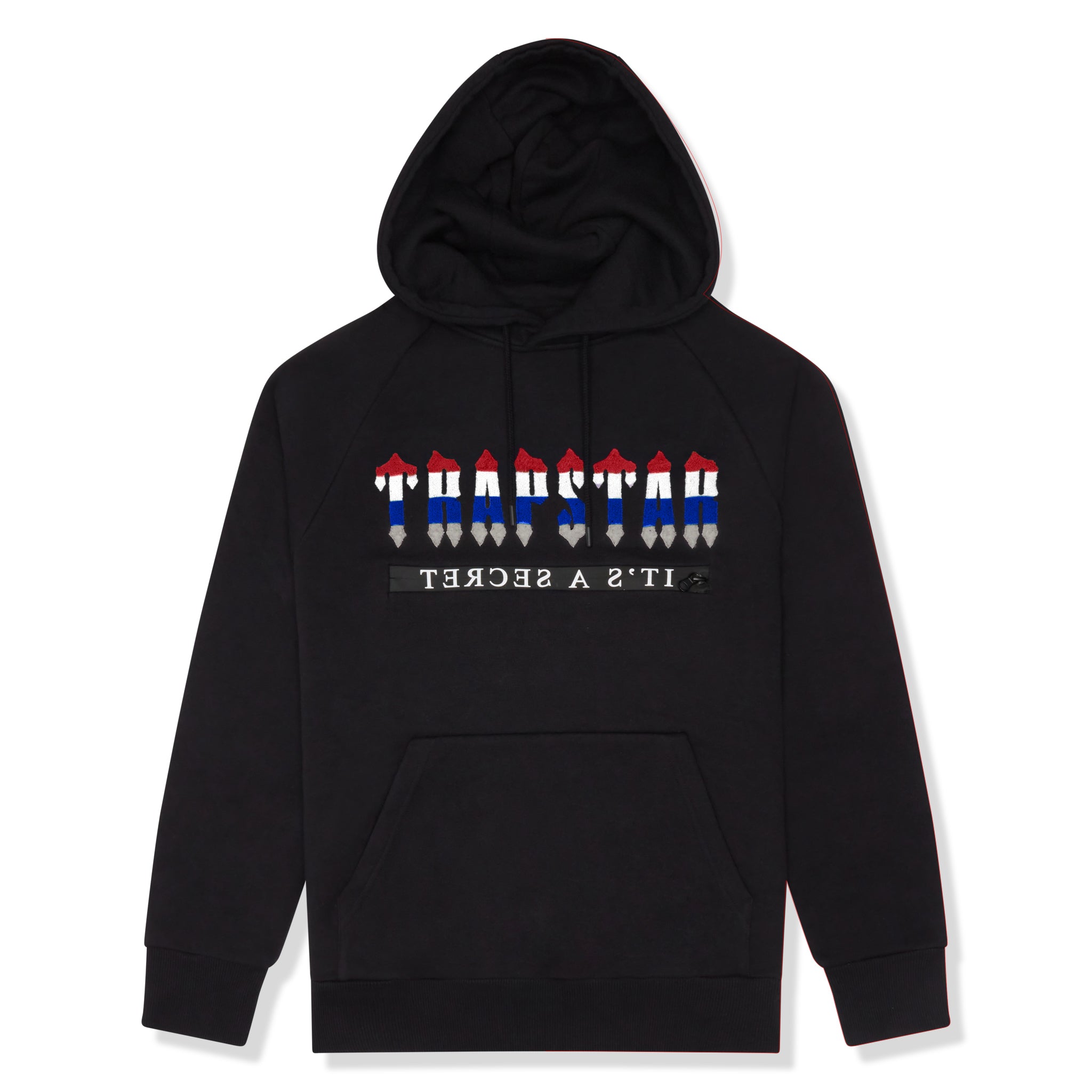Hoodie front view of Trapstar Chenille Decoded 2.0 Hooded Tracksuit Black Revolution