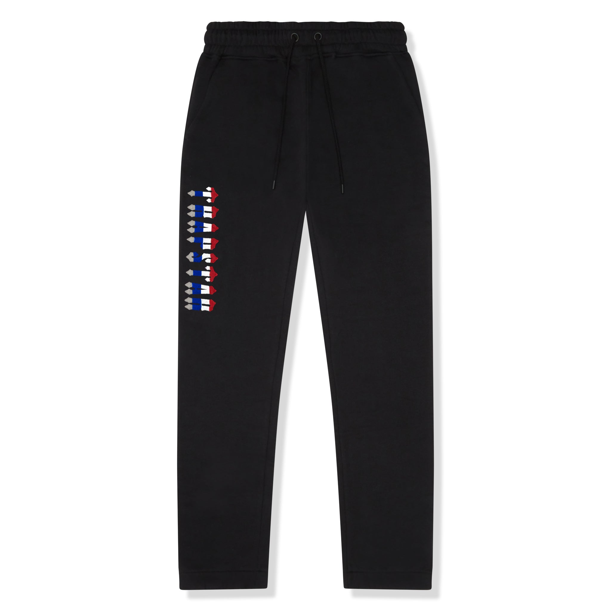Pants front view of Trapstar Chenille Decoded 2.0 Hooded Tracksuit Black Revolution