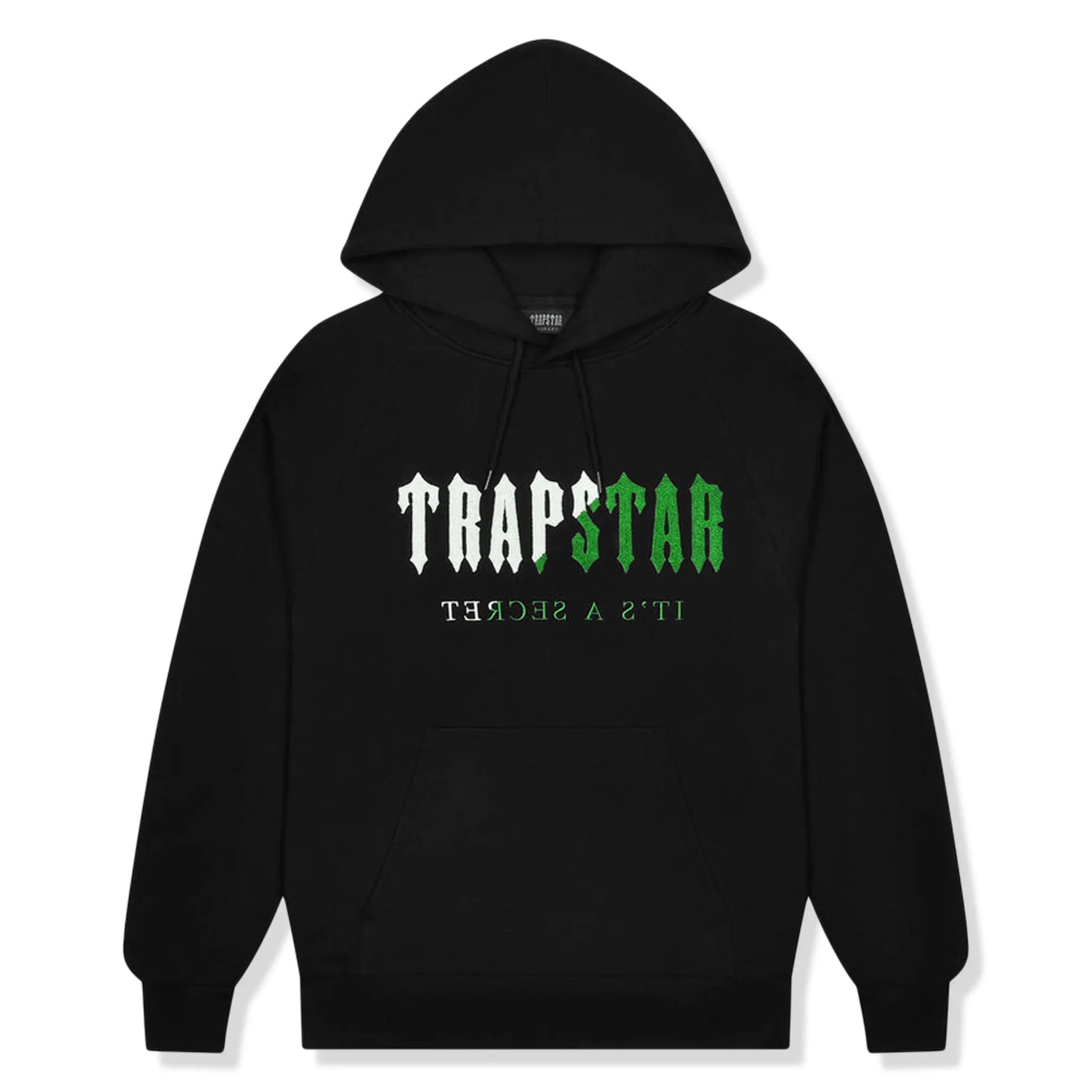 Hoodie front view of Trapstar Chenille Decoded Black Green Tracksuit