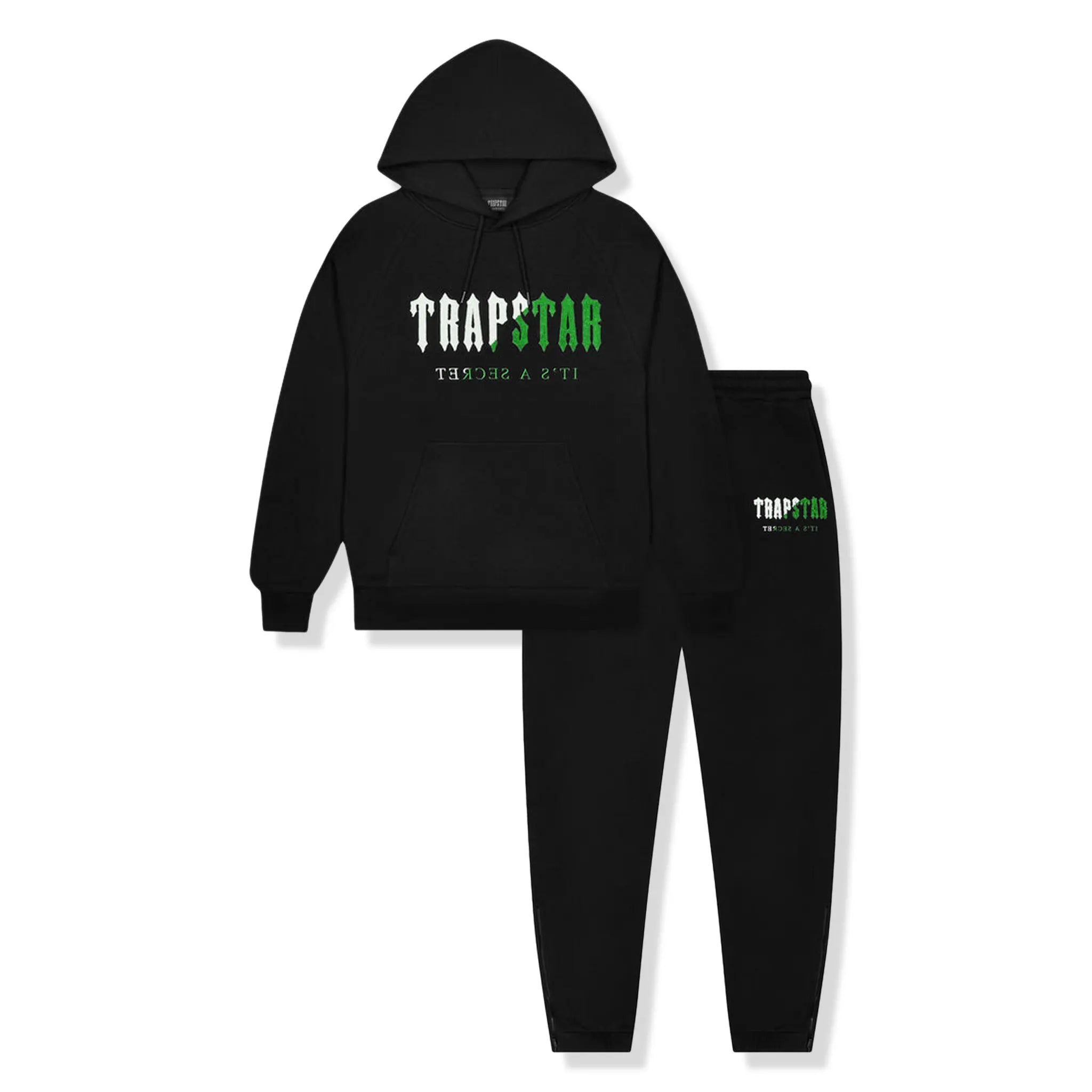 Front view of Trapstar Chenille Decoded Black Green Tracksuit