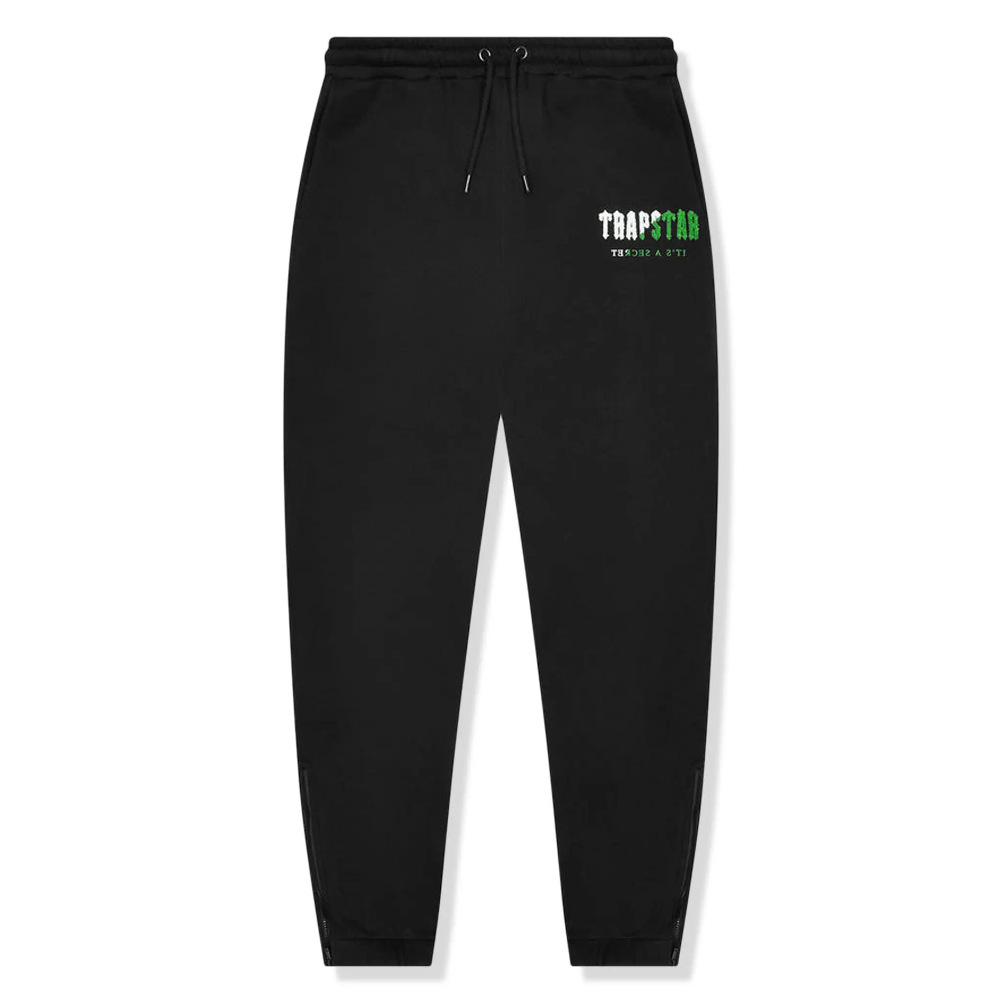 Sweatpants front view of Trapstar Chenille Decoded Black Green Tracksuit