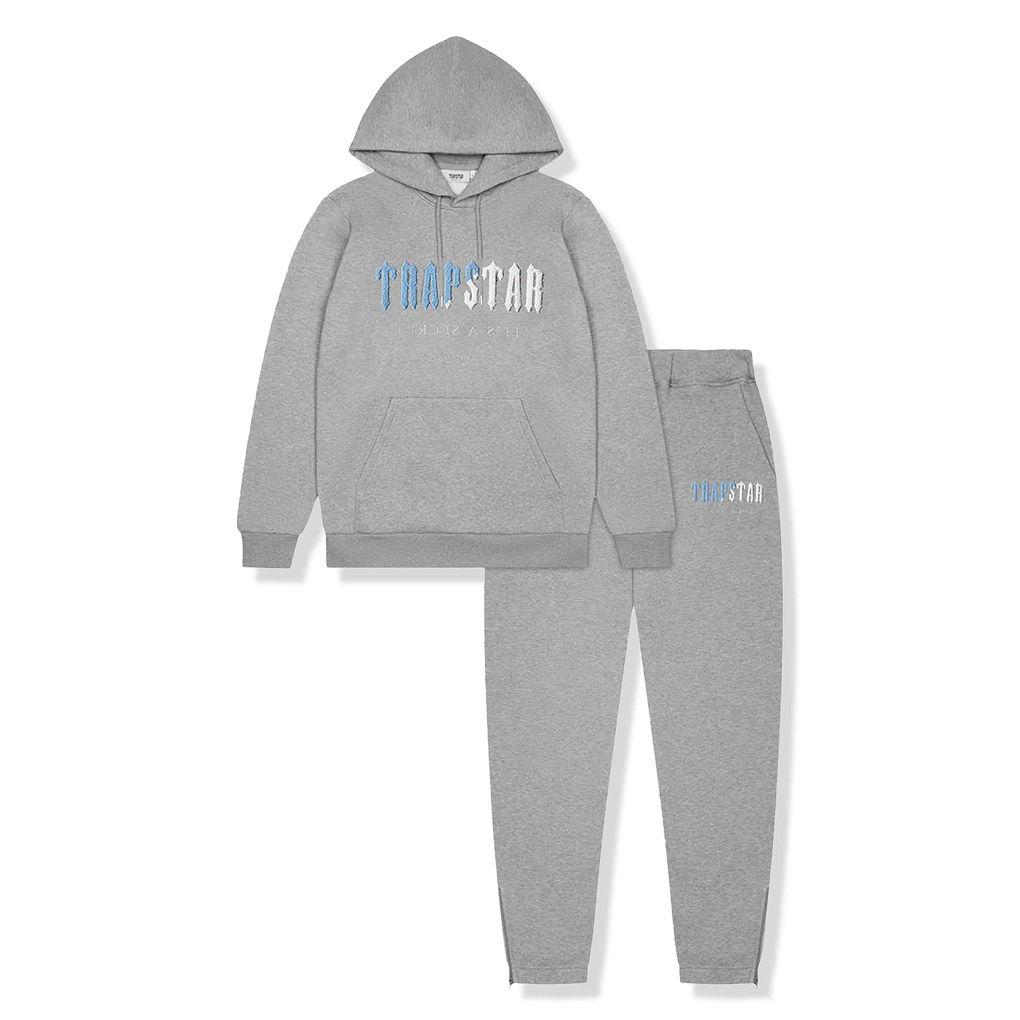Front view of Trapstar Chenille Decoded Grey Ice Tracksuit
