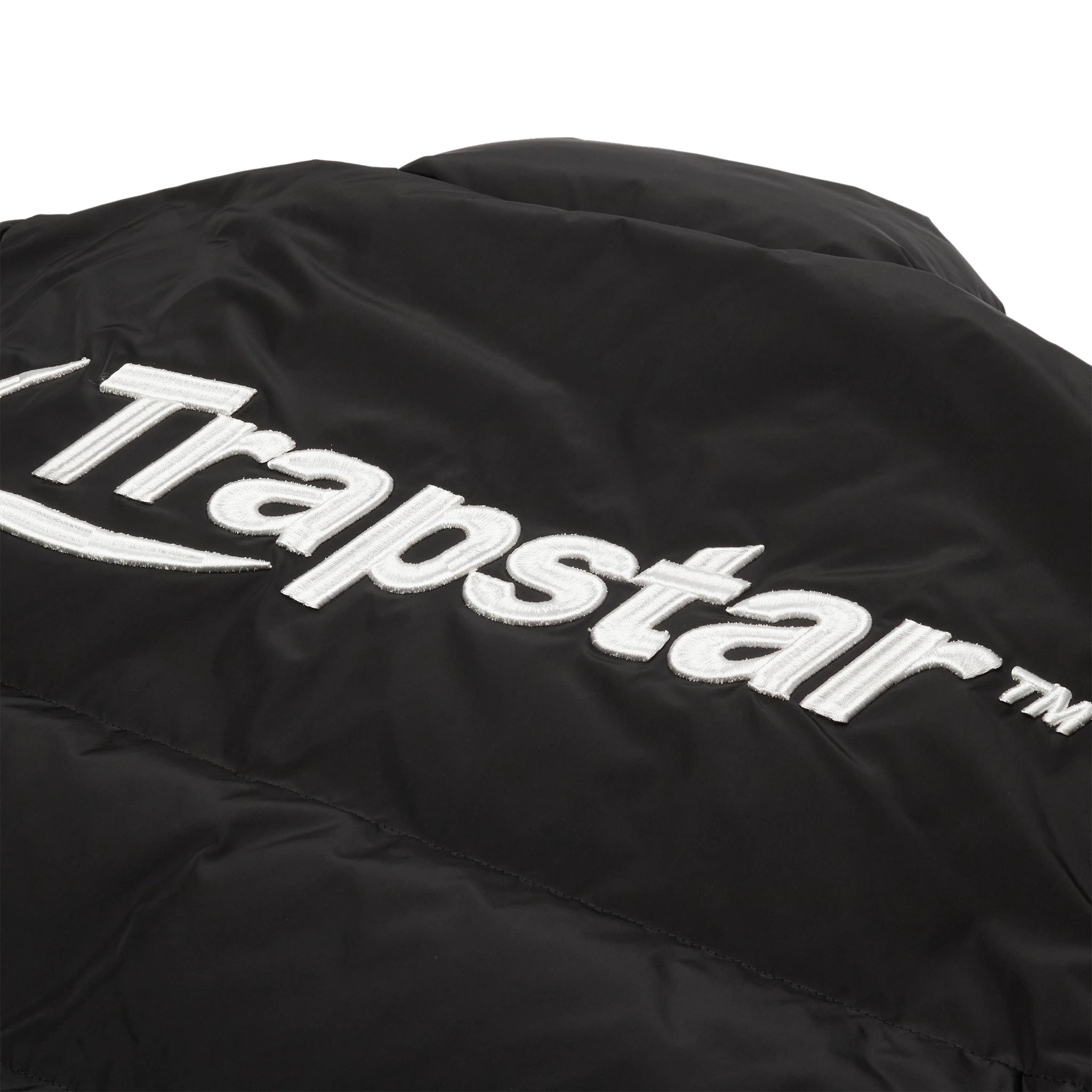 Back logo view of Trapstar Hyperdrive Black White Puffer Jacket